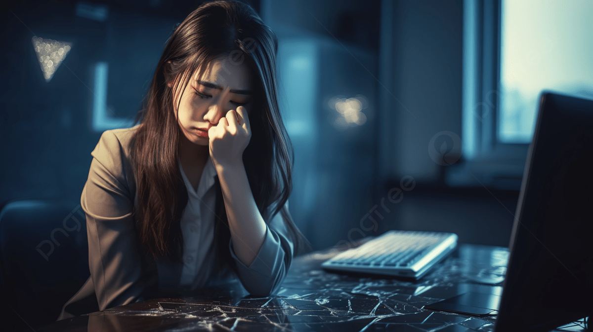 1200x673 Person Sitting At Desk Crying In Front Of Computer Background, Broken Heart Young Female Office Worker Image, HD Photography Photo, Hand Background Image And Wallpaper for Free Download