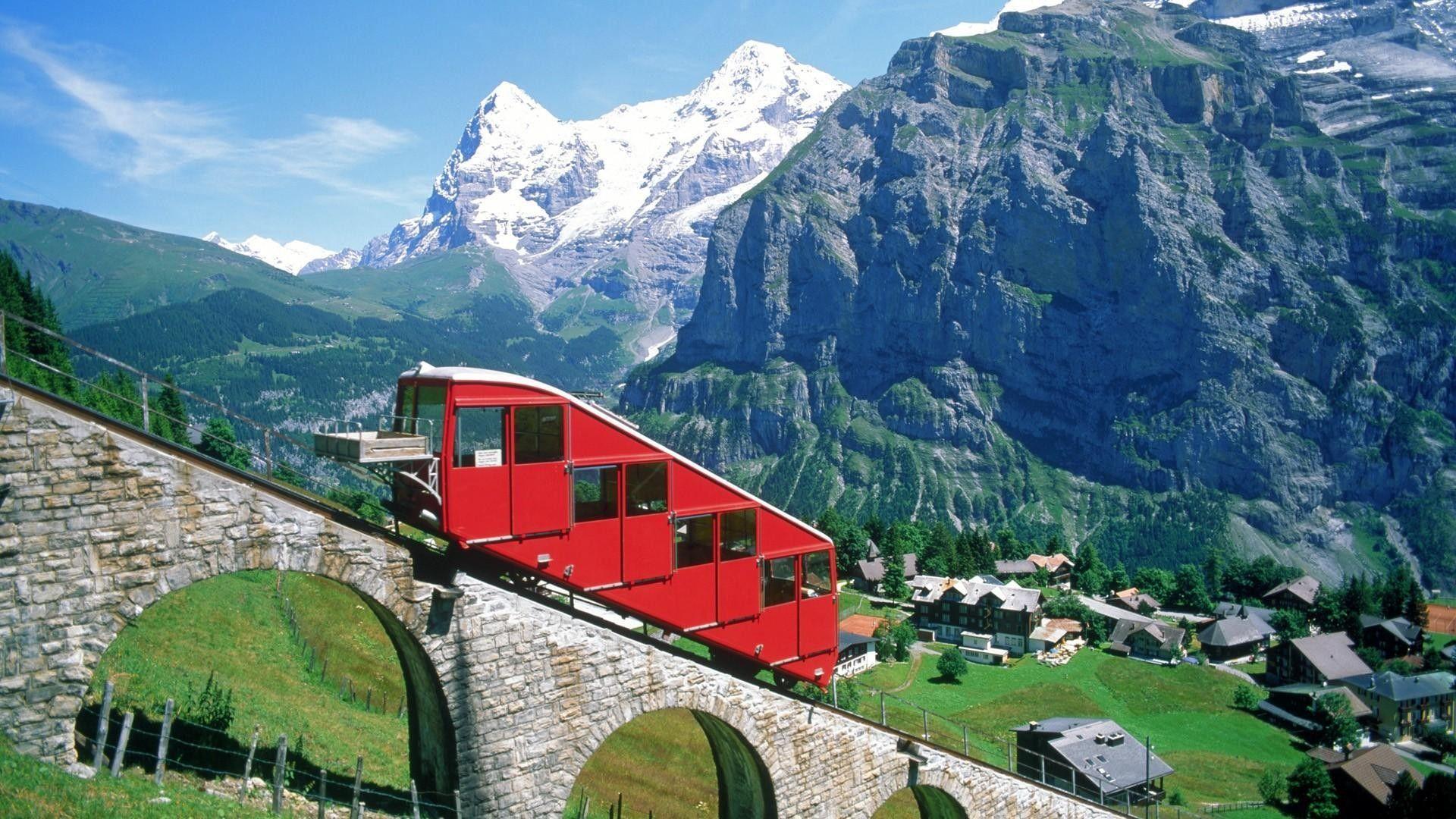 1920x1080 Mountains: Switzerland Mountain Ramp Village Alps Railway Rocky