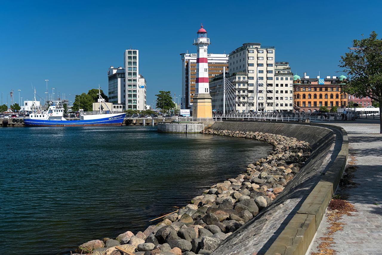 1280x853 Desktop Wallpaper Sweden Lighthouses ship Bay Stones Marinas Cities