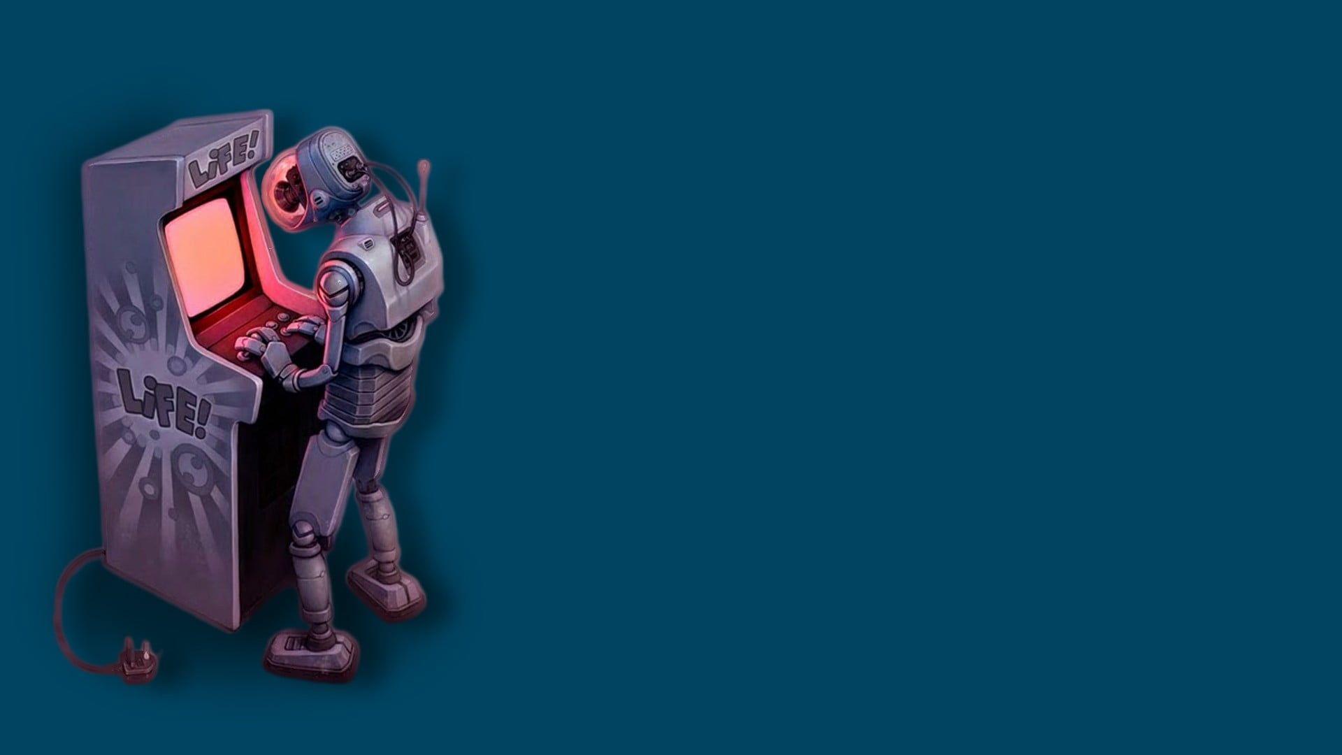 1920x1080 Robot using arcade machine digital wallpaper, robot, arcade, video