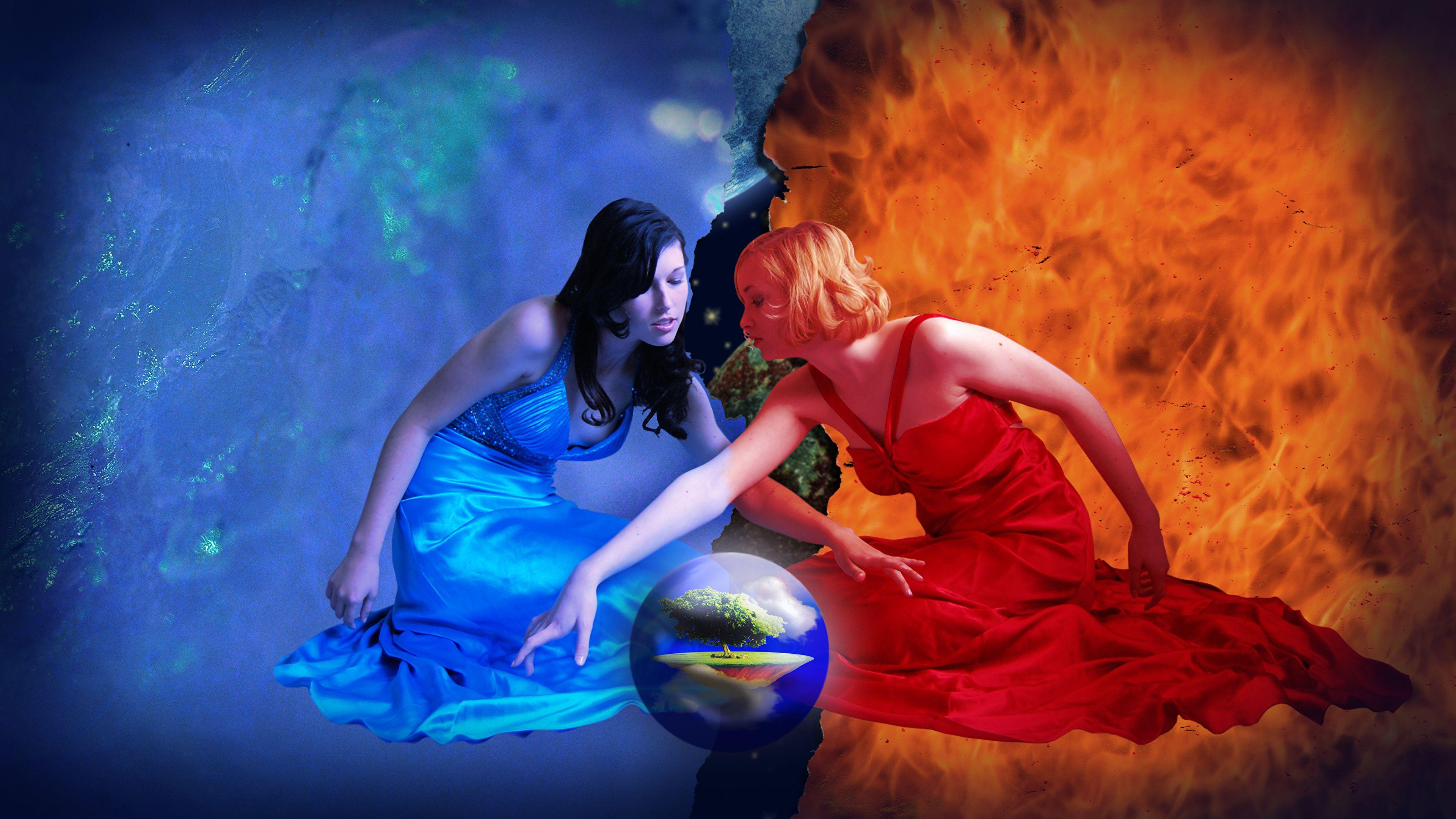 3840x2160 Desktop Wallpaper Girls Fantasy Fire Water 3840x2160