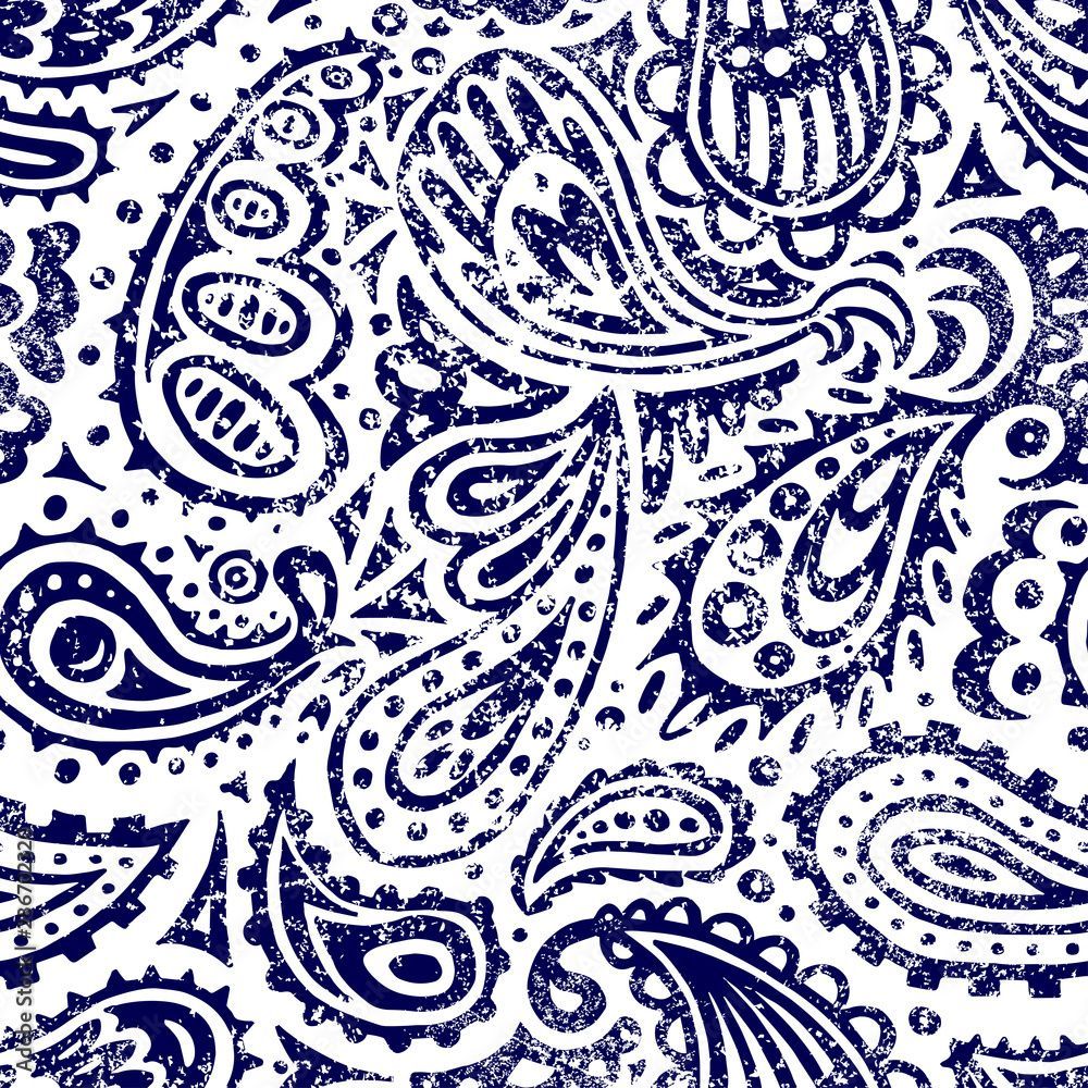 1000x1000 White and blue seamless paisley pattern. Print for textile, packaging, wallpaper. Vector illustration. Stock Vector