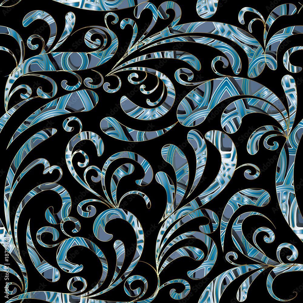 1000x1000 Paisleys seamless pattern. Black floral background wallpaper illustration with hand drawn blue paisley flowers, leaves, elegance flourish ornaments. Vector endless texture for fabric, textile, prints Stock Vector