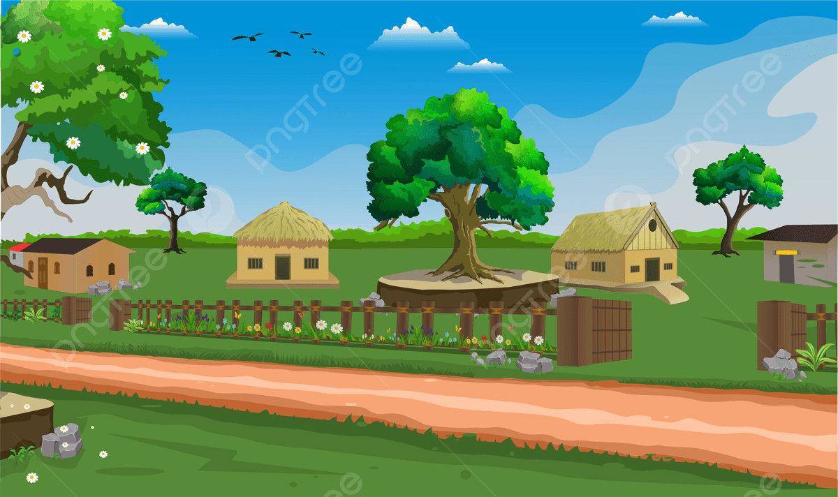 1200x712 Village Cartoon Background Illustration With Old Style Cottage Well Trees Narrow Road Mountains And Green Grass Vector, Village, Cartoon, Background Background Image And Wallpaper for Free Download