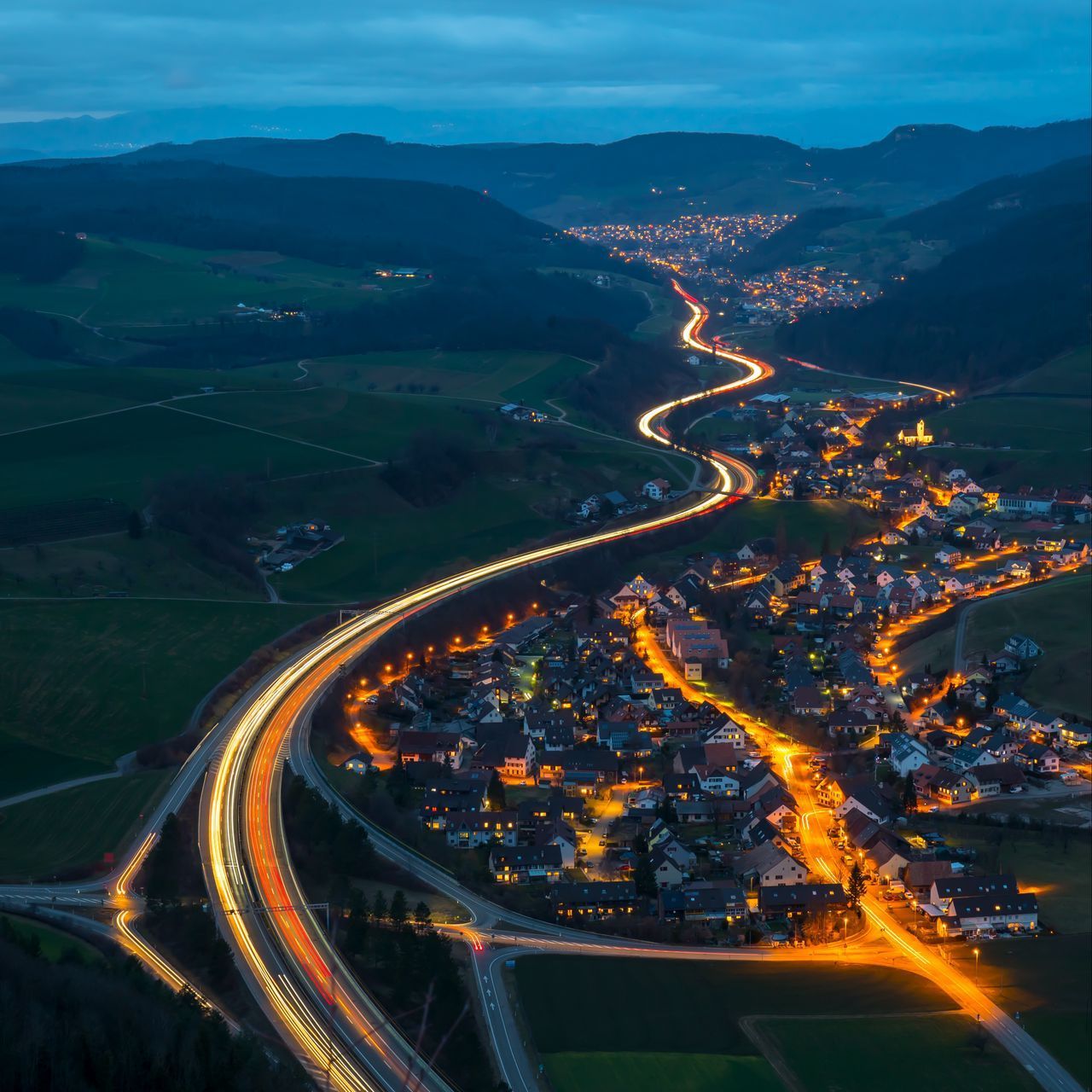 1280x1280 Download wallpaper 1280x1280 village, road, aerial view, night, mountains, switzerland ipad, ipad ipad mini for parallax HD background