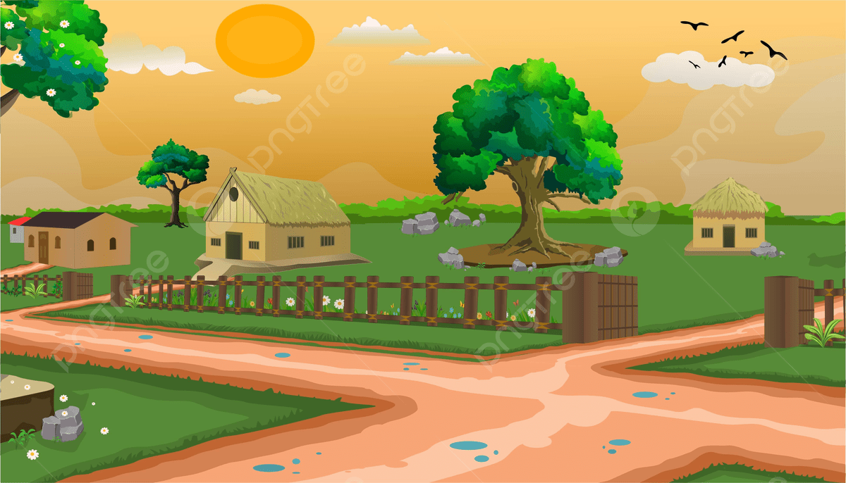 1200x686 Village Cartoon Background Illustration With Sun Four Houses Trees And Narrow Road Vector, Village, Cartoon, Background Background Image And Wallpaper for Free Download