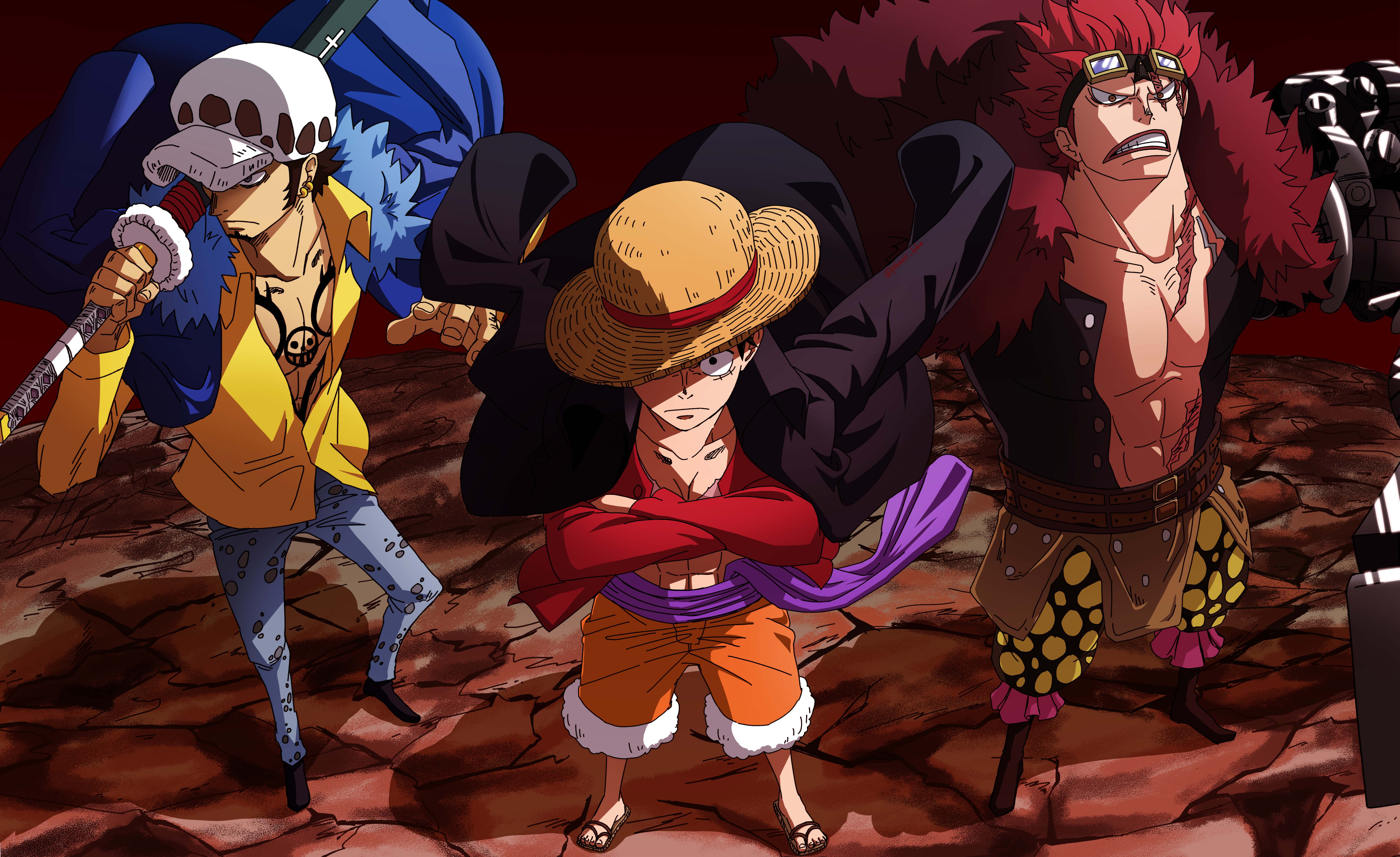 7441x4553 One Piece, Trafalgar Law, Monkey D. Luffy, Eustass Kid, anime, anime boys, fan art, straw hatx4553 Wallpaper