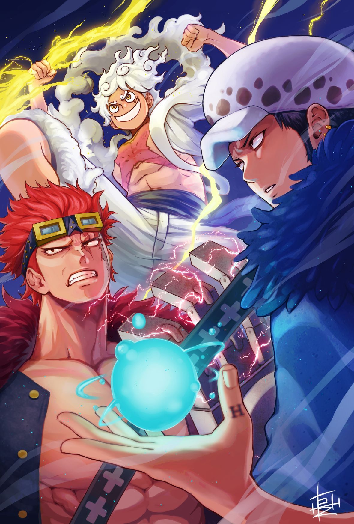 1181x1748 monkey d. luffy, trafalgar law, and eustass kid (one piece) drawn