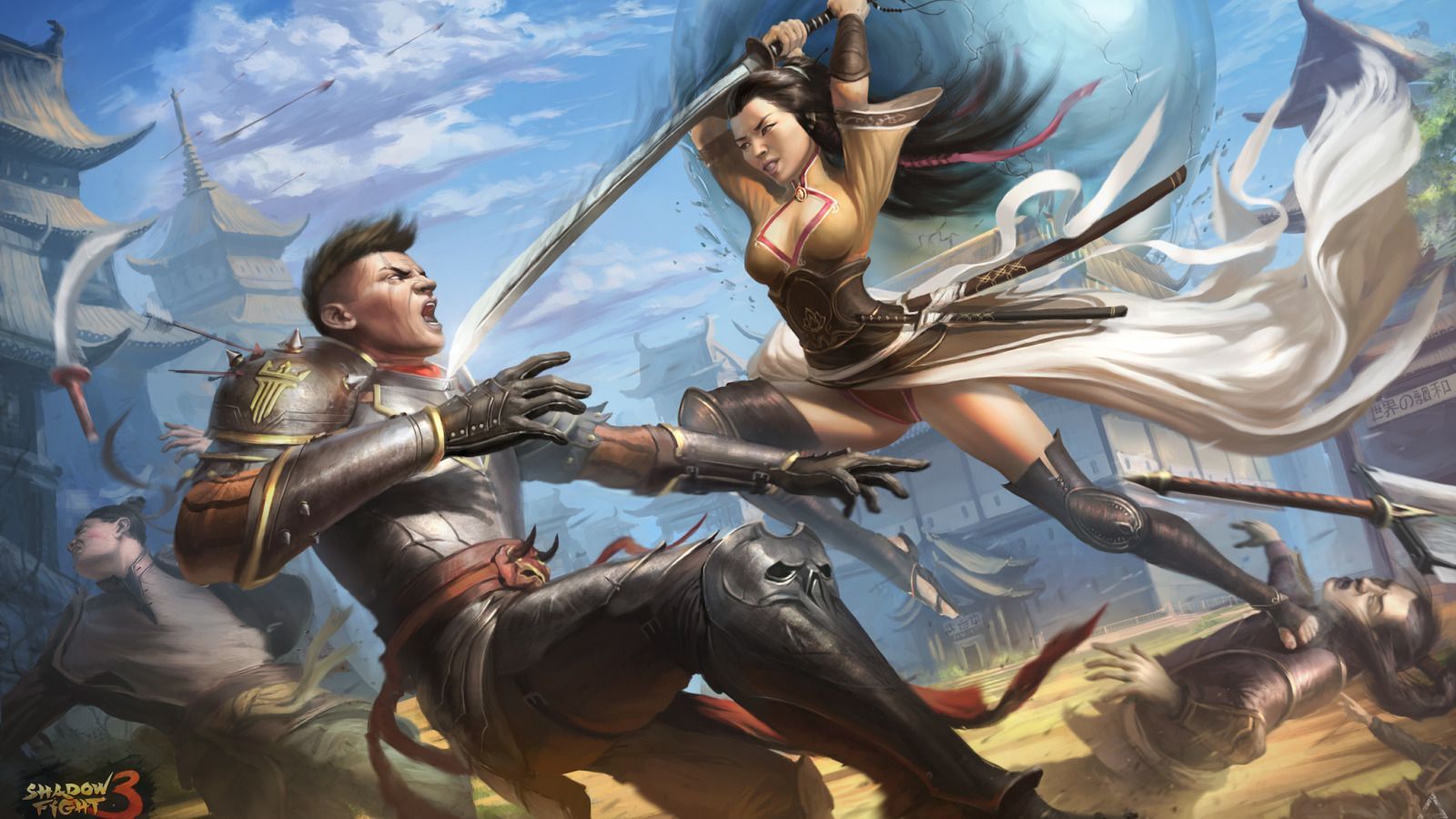 1600x900 Download wallpaper girl, weapons, the game, armor, art, guy, Shadow fight section games in resolution 1600x900