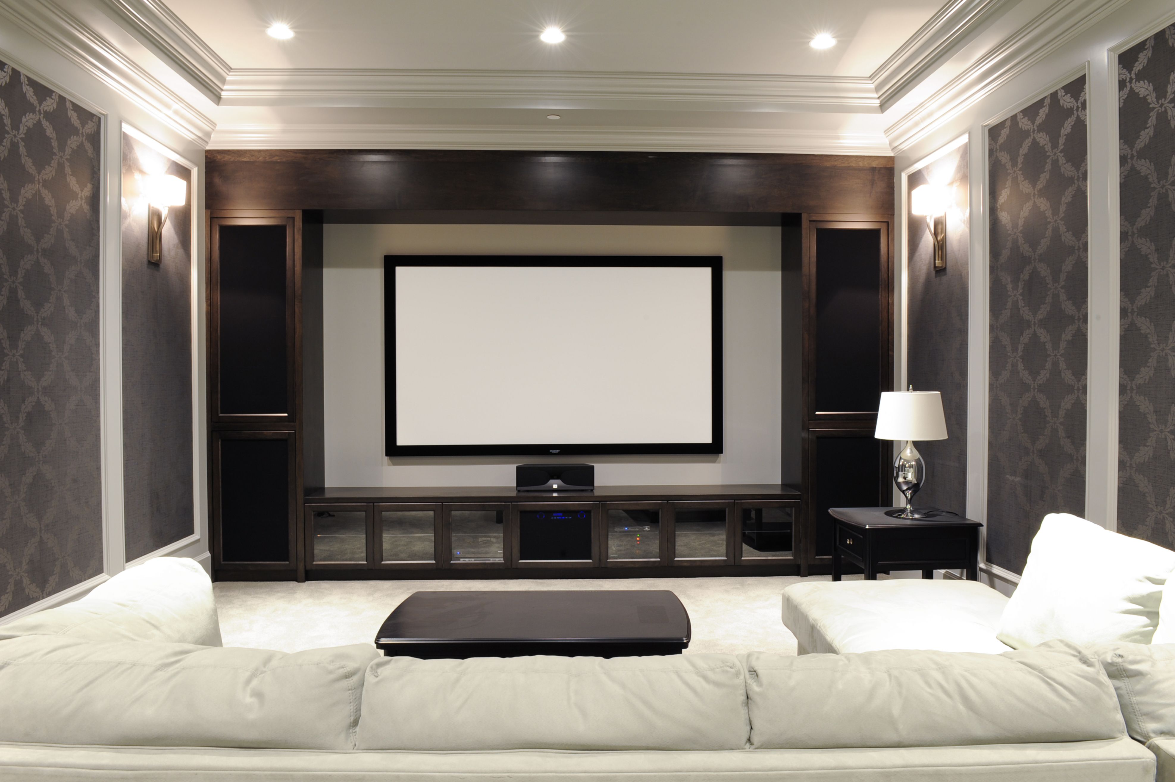 3949x2630 Theatre Room designed by Enviable Designs stained wood with dark background wallpaper su. Theater room design, Home theater rooms, Home theater room design