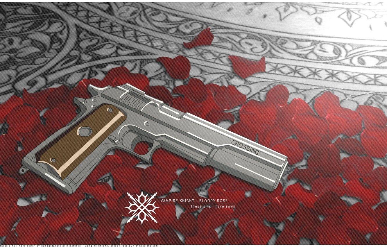 1332x850 Wallpaper pistol, rose, bloody, vampire, petals, knight image