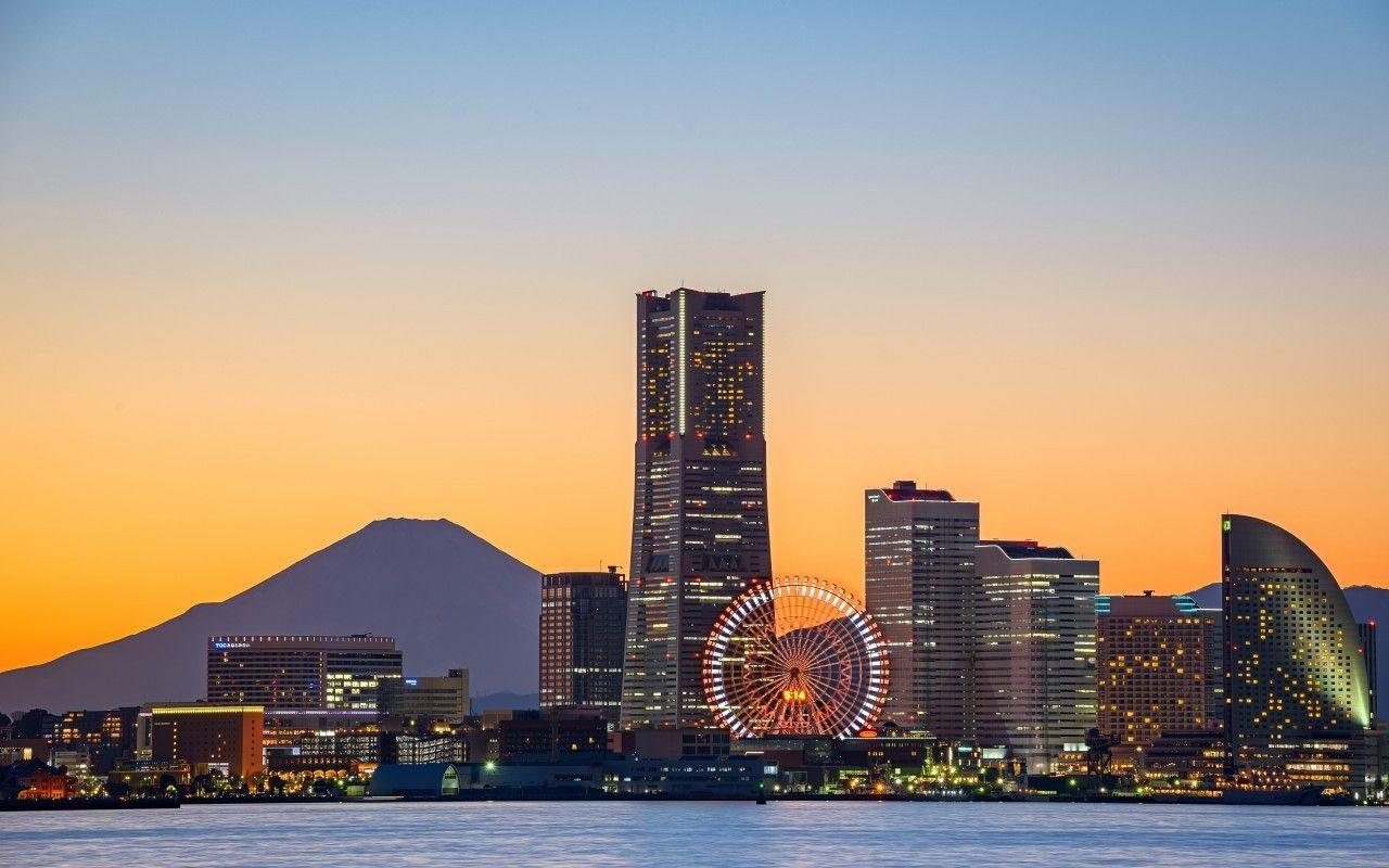 1280x800 Other: Yokohama Japanese Sunset Ocean Ferris Wheel Fuji Scenery