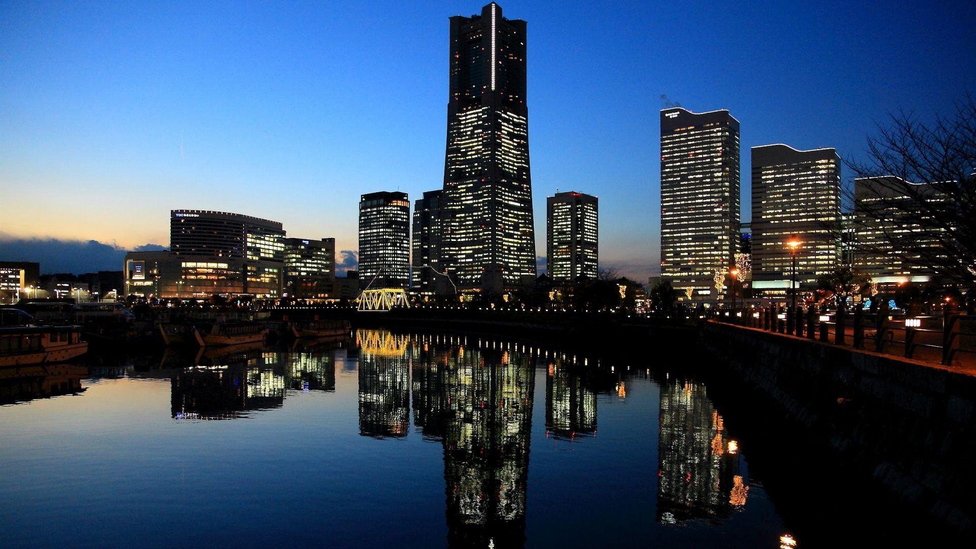 1920x1080 Download Wallpaper 1920x1080 japan, yokohama, evening, sunset, bay