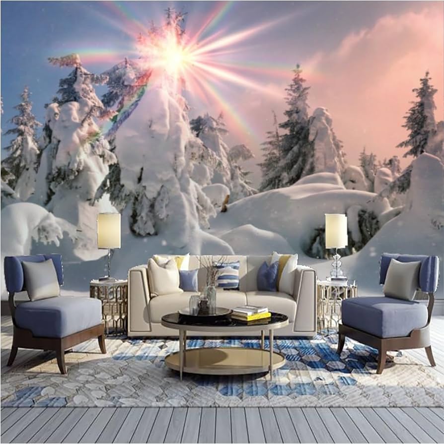 894x895 BROLEO Winter Scenery 3D Wallpaper, Warm Sunshine Murals, Peel And Stick Self Adhesive 3D DIY Wall Decal Family Wall Decor Living Room Bedroom TV Background Home Decorations 79''Wx55''L PVC