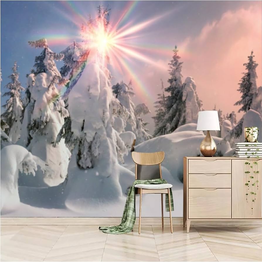 894x895 BROLEO Winter Scenery 3D Wallpaper, Warm Sunshine Murals, Peel And Stick Self Adhesive 3D DIY Wall Decal Family Wall Decor Living Room Bedroom TV Background Home Decorations 79''Wx55''L PVC