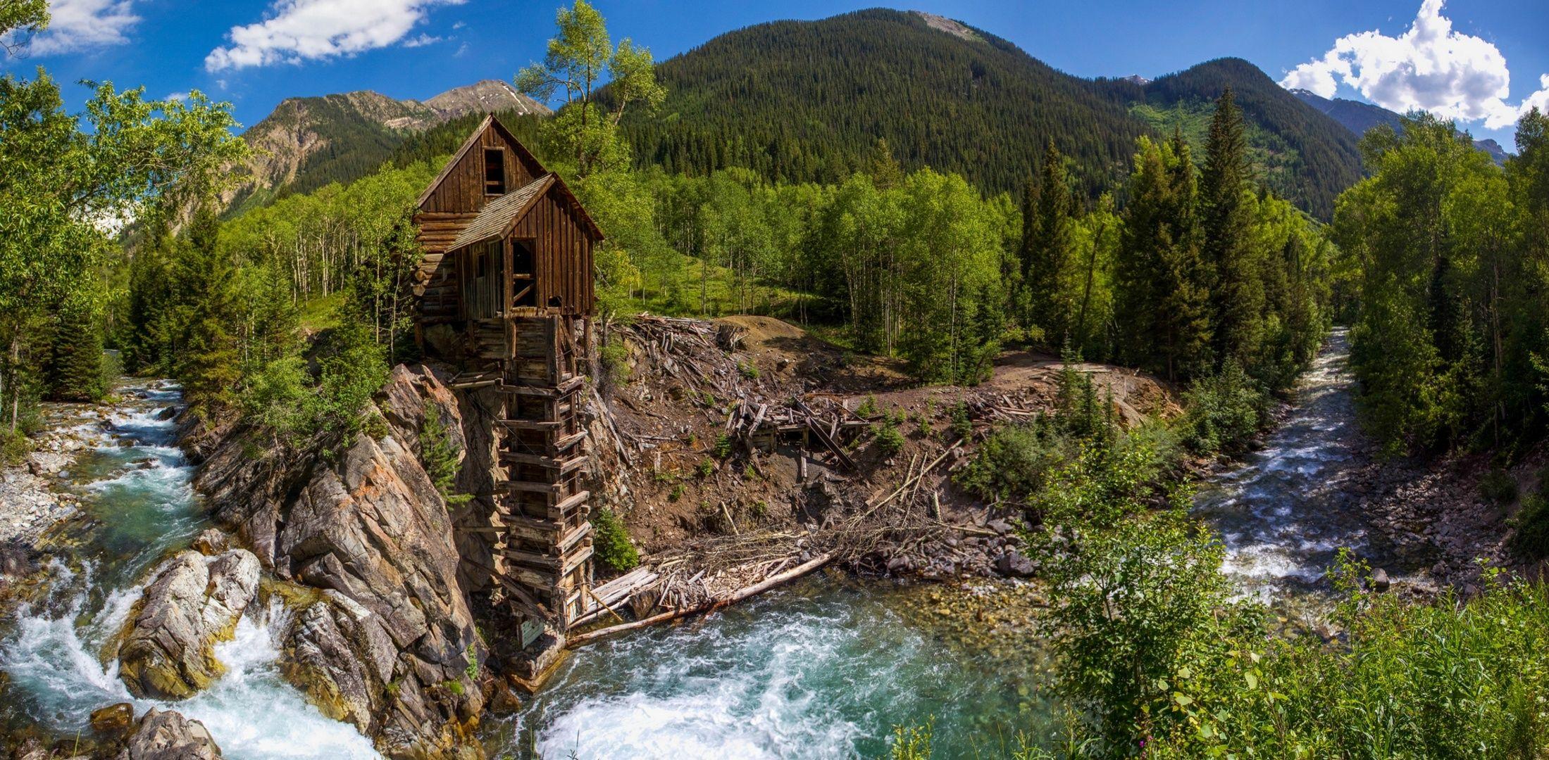2199x1080 Crystal Colorado a water mill river forest trees mountains panorama wallpaperx1080