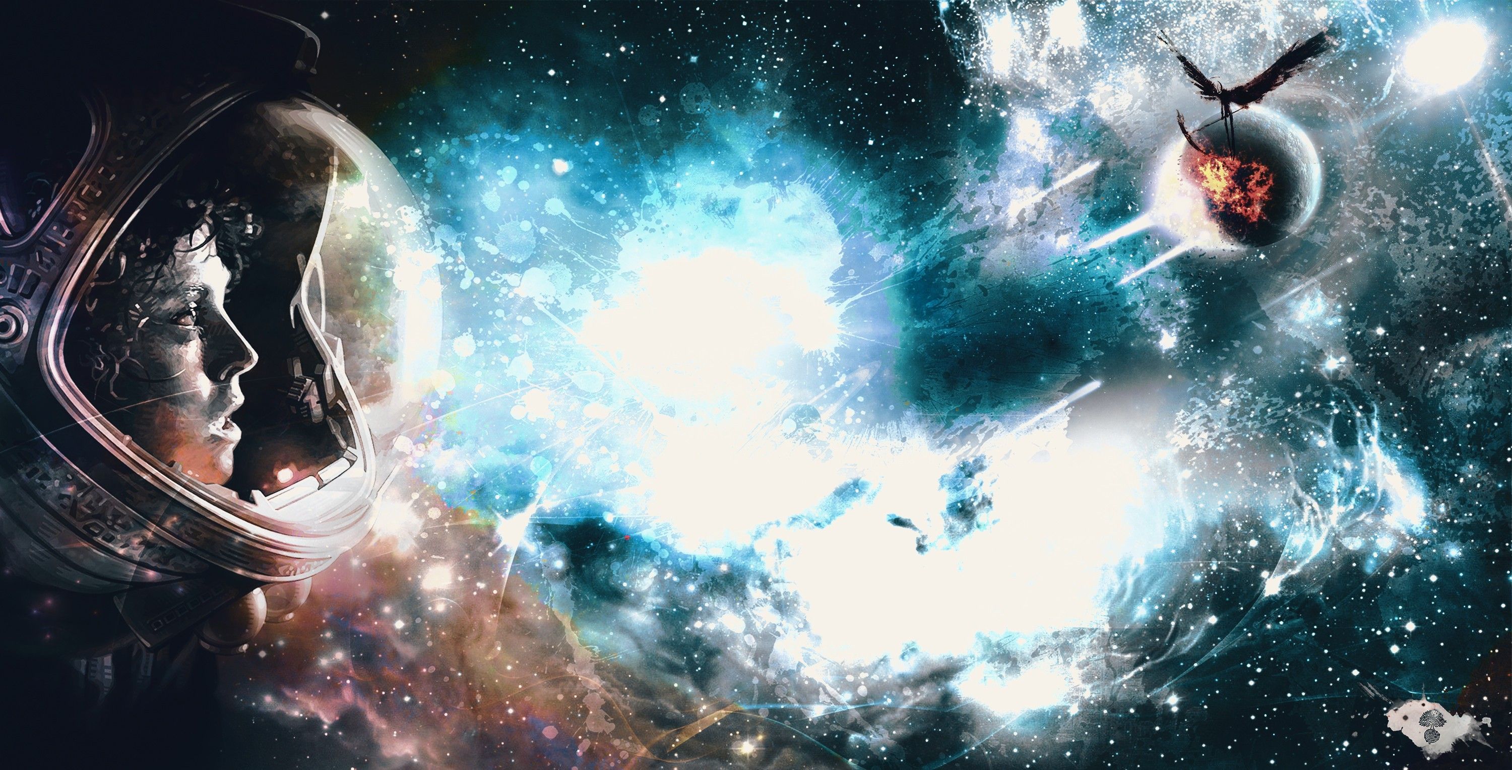 3000x1528 astronaut, Ellen Ripley, science fiction women, Sigourney Weaver, actress, space art, space, galaxy, planet, death, Alien (movie), fan art, science fiction, digital artx1528 Wallpaper