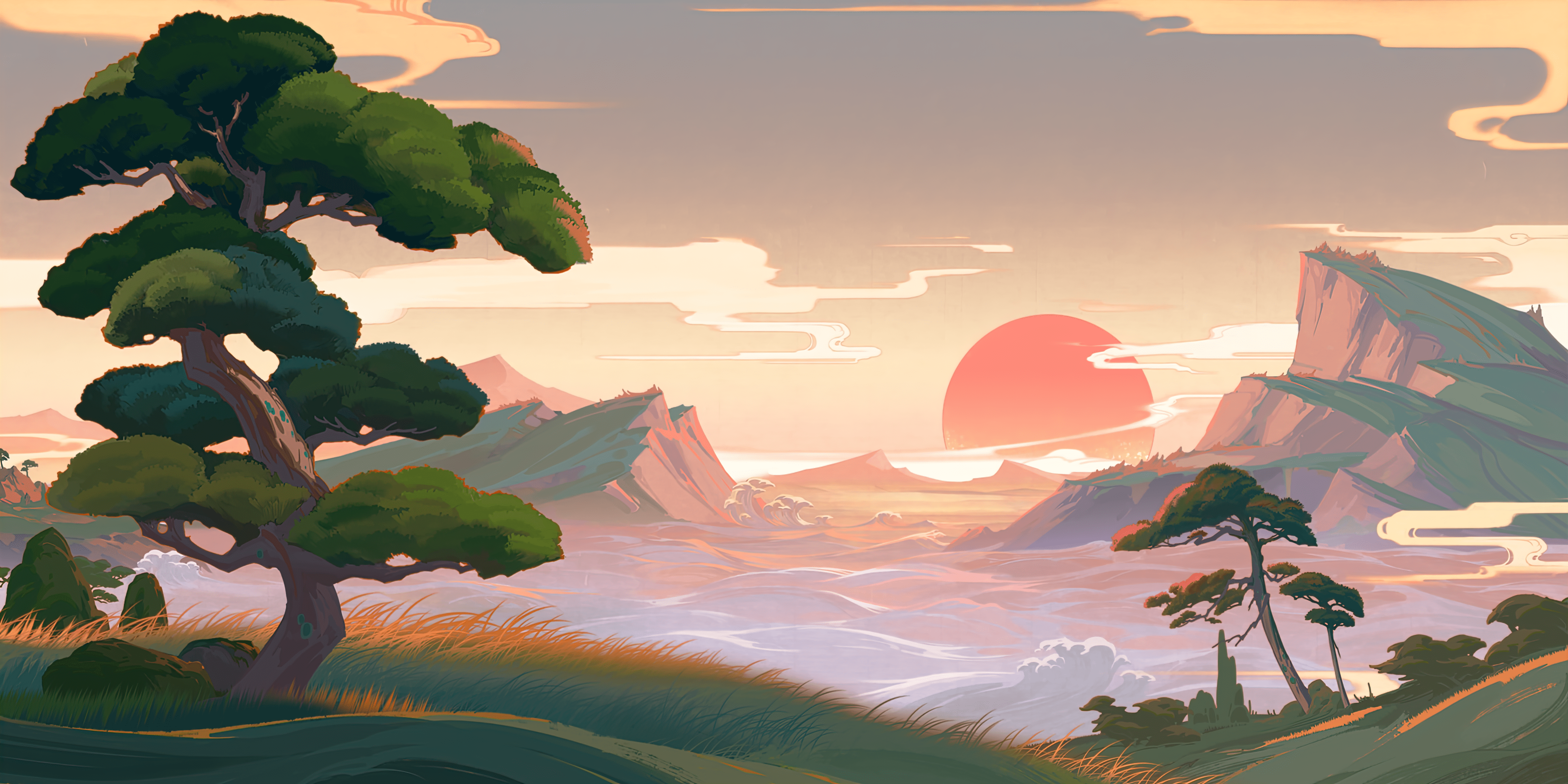 4096x2048 Inazuma, Genshin Impact, sunset, clouds, trees, hills, mountains, landscape, video game art, video gamesx2048 Wallpaper