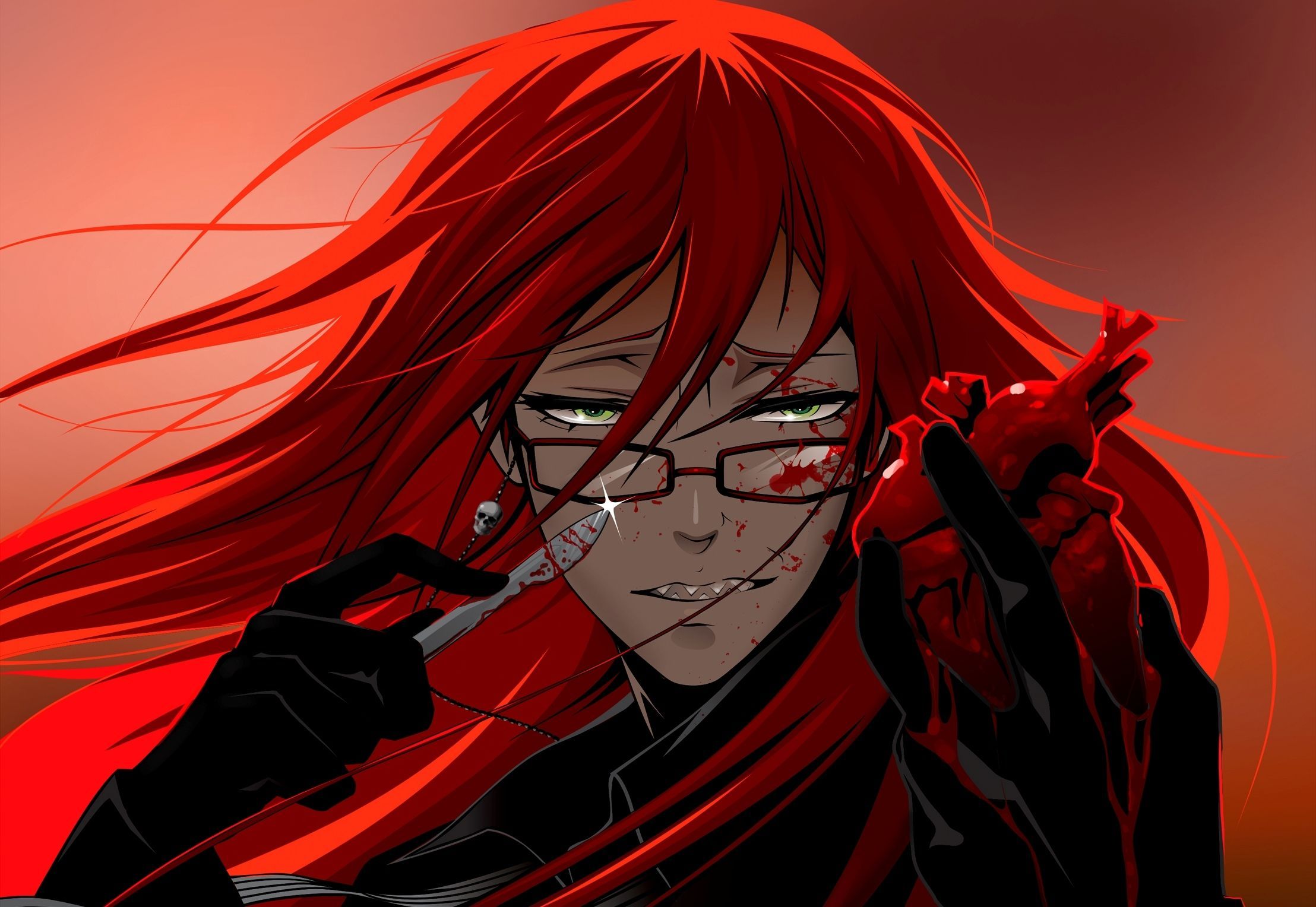 2216x1528 Download wallpaper blood, heart, art, glasses, guy, red hair, Dark Butler, Grell Sutcliff, section other in resolution 2216x1528
