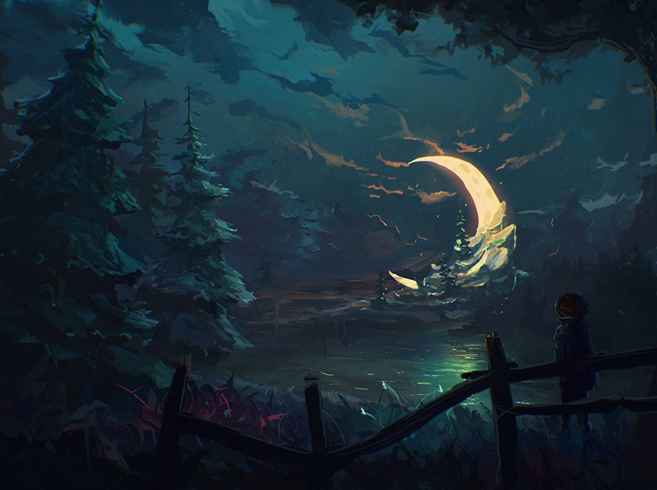 1280x955 Download Painting Night Crescent Moon Wallpaper
