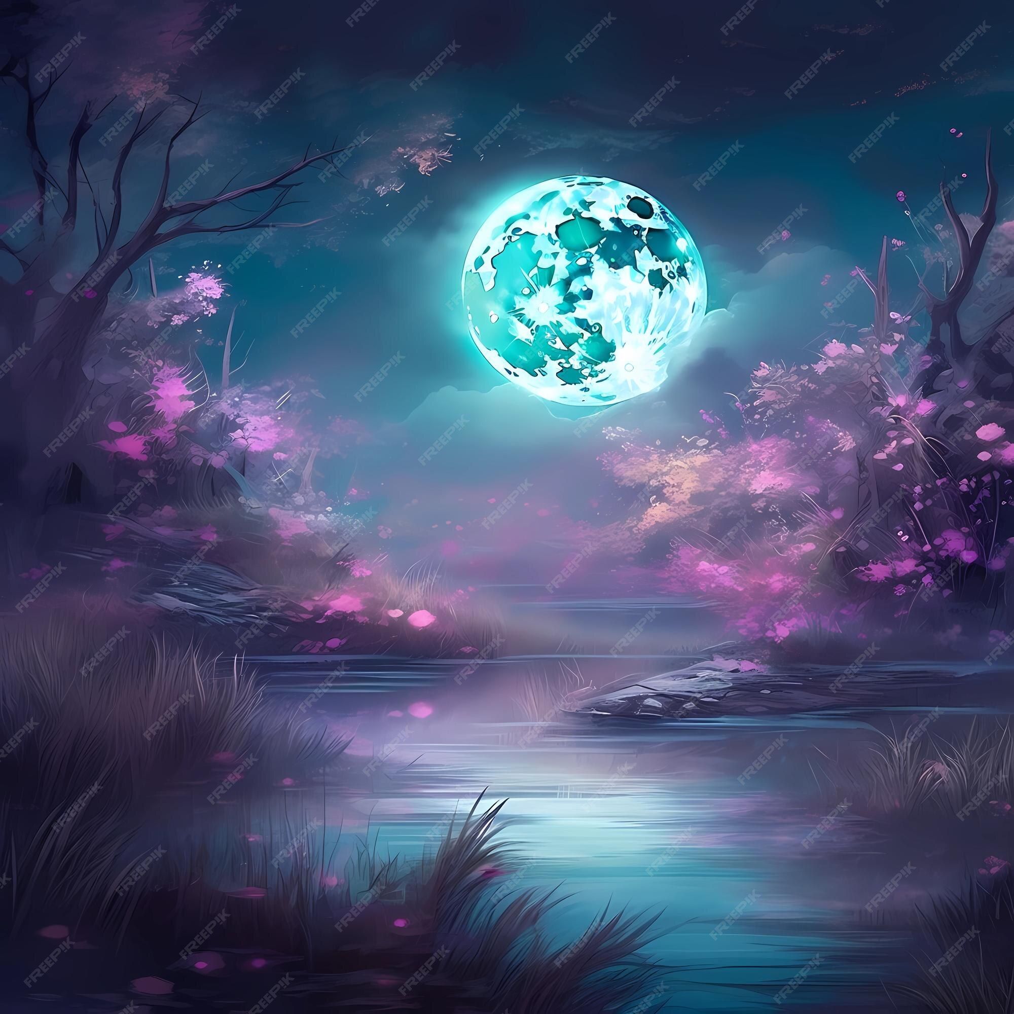 2000x2000 Premium Photo. A painting of a river with a moon and the moon in the background