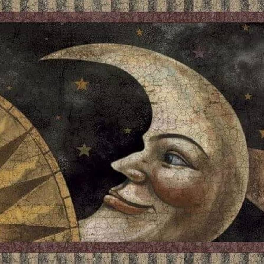 894x894 CONCORD WALLCOVERINGS ™ Wallpaper Border Vintage Celestial Pattern Moon Sun Stars for Bathroom Bedroom, Brown Burgundy Black, 9.25 Inches by 15 Feet HS3071B