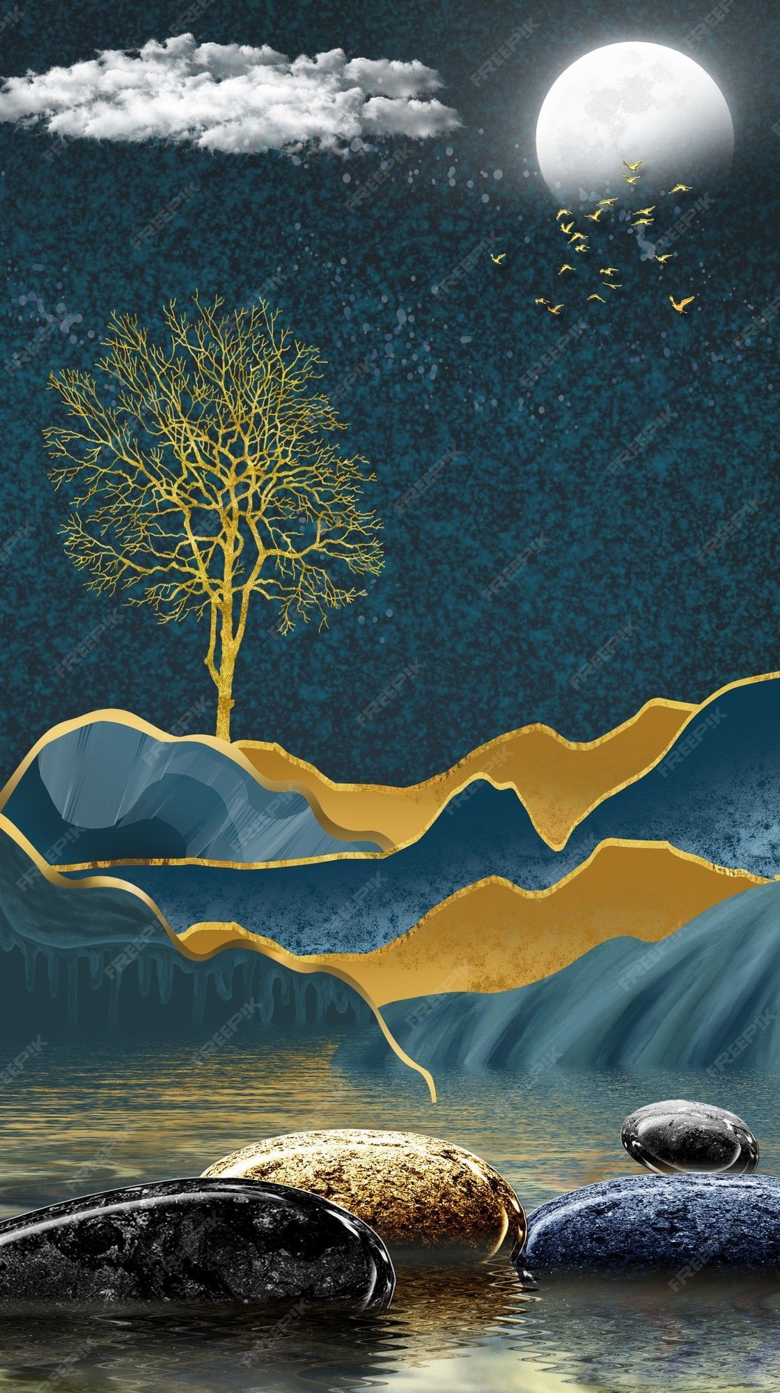 1120x2000 Premium Photod modern canvas art mural wallpaper landscape in dark background moon and golden christmas tree