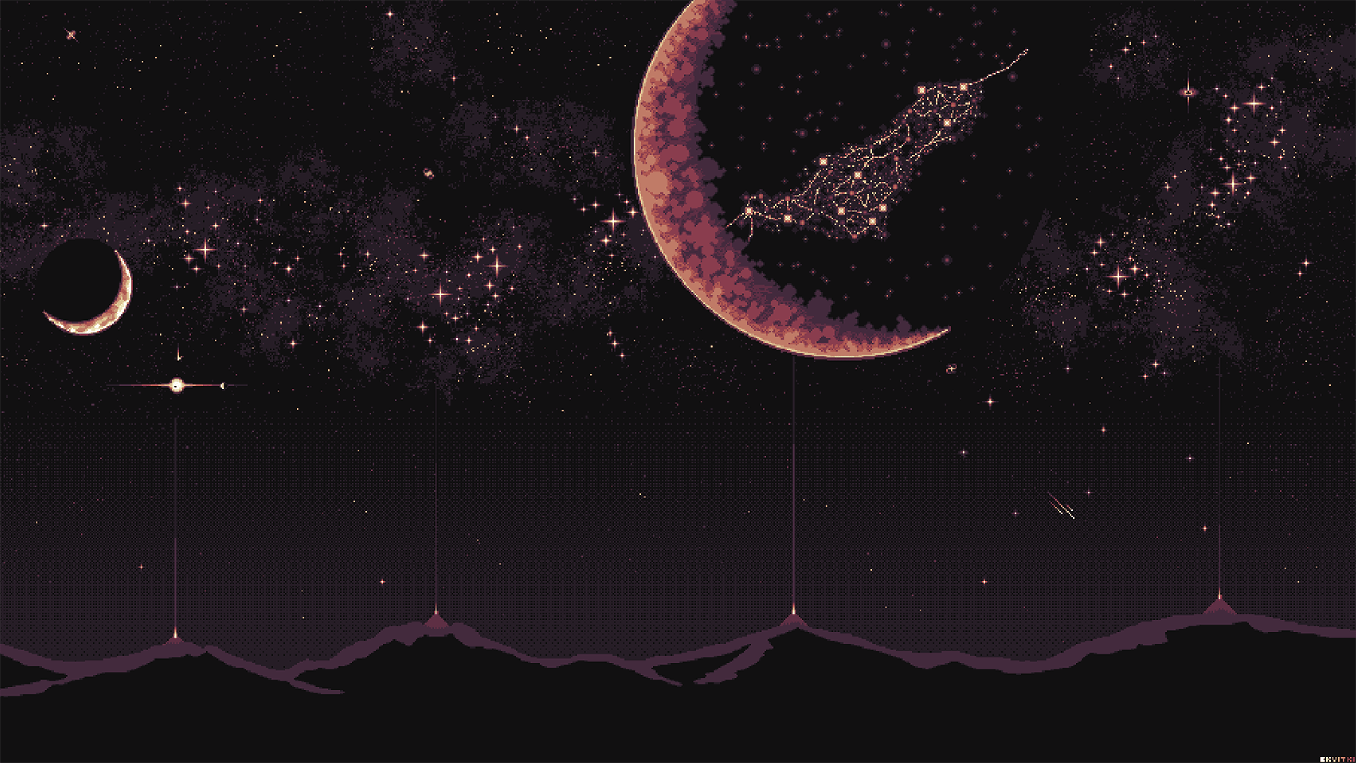 1920x1080 stars, Moon, pixel art, Ekvitkix1080 Wallpaper