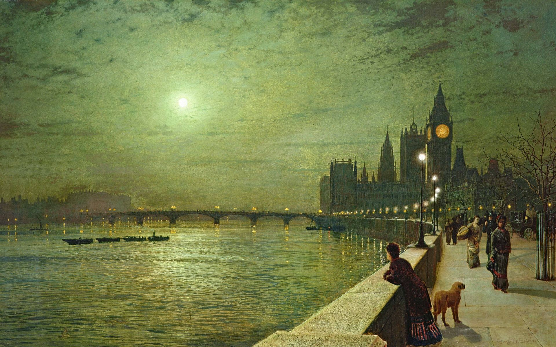 1920x1200 Moon painting John Atkinson Grimshaw promenade night people art buildings cities rivers wallpaperx1200