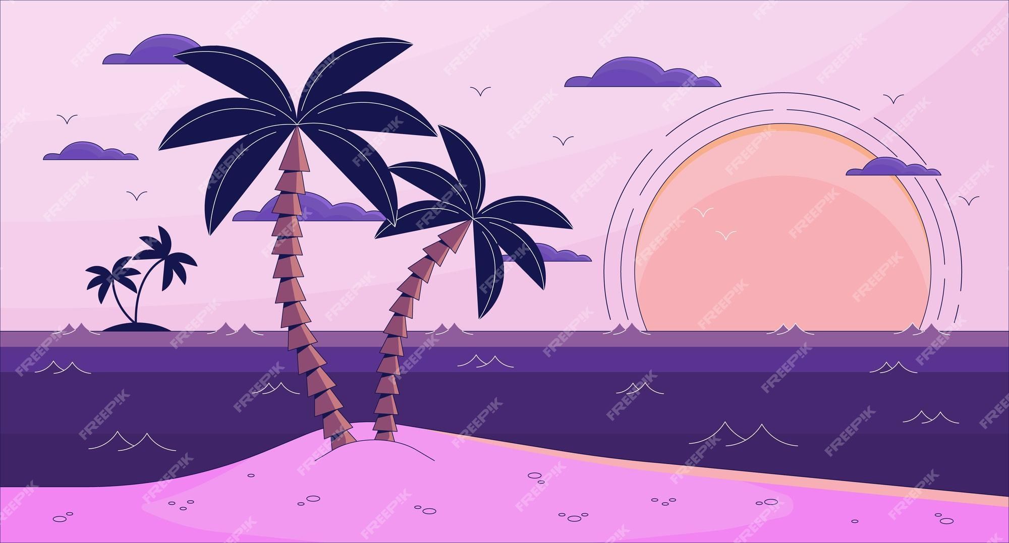 2000x1077 Premium Vector. Bay lo fi aesthetic wallpaper sunset near ocean small island beach with palm tree and sand 2d vector cartoon landscape illustration purple lofi background 90s retro album art chill vibes
