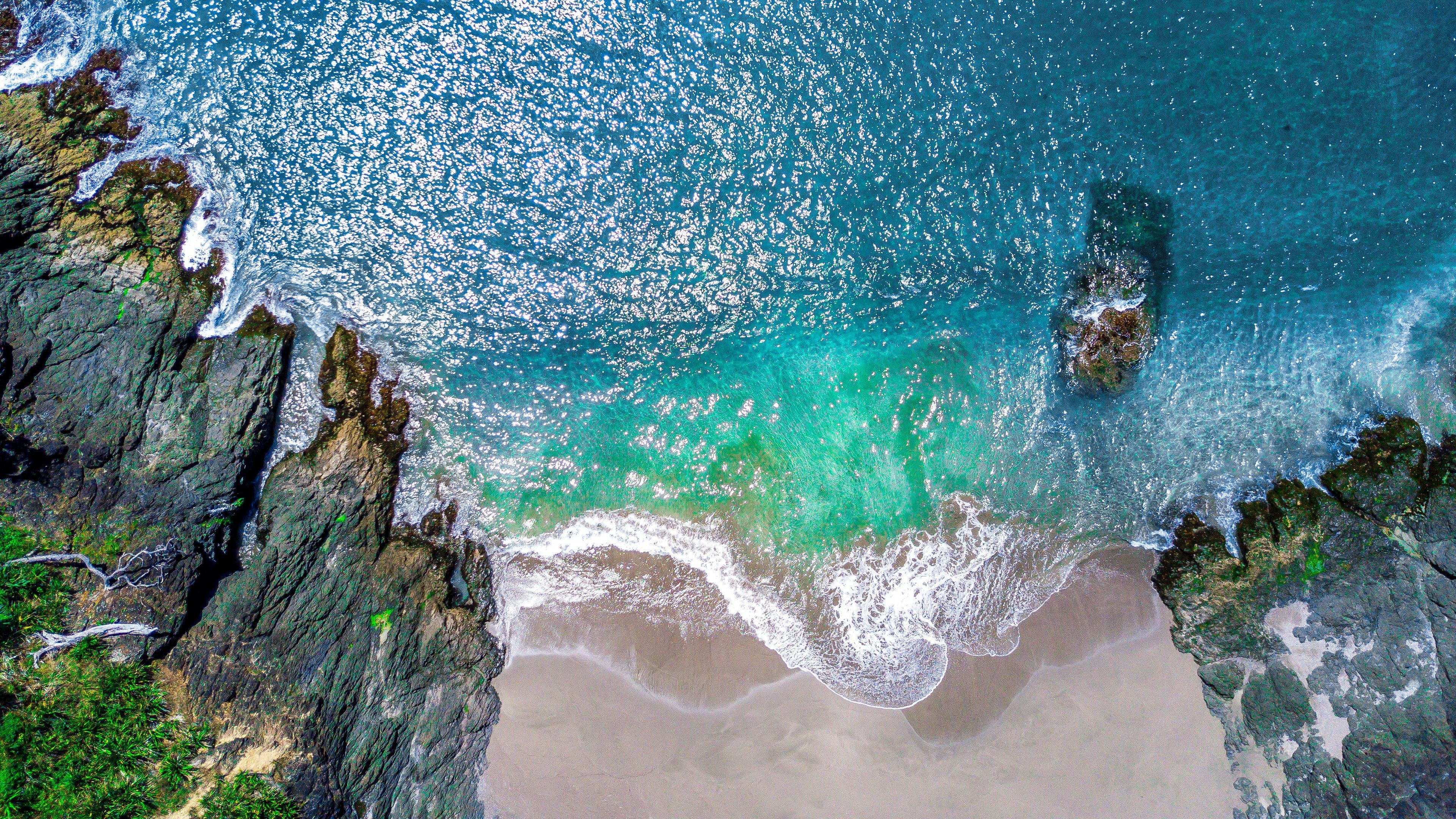 3840x2160 top view, sand, beach, rocks, waves, nature, water, aerial viewx2160 Wallpaper