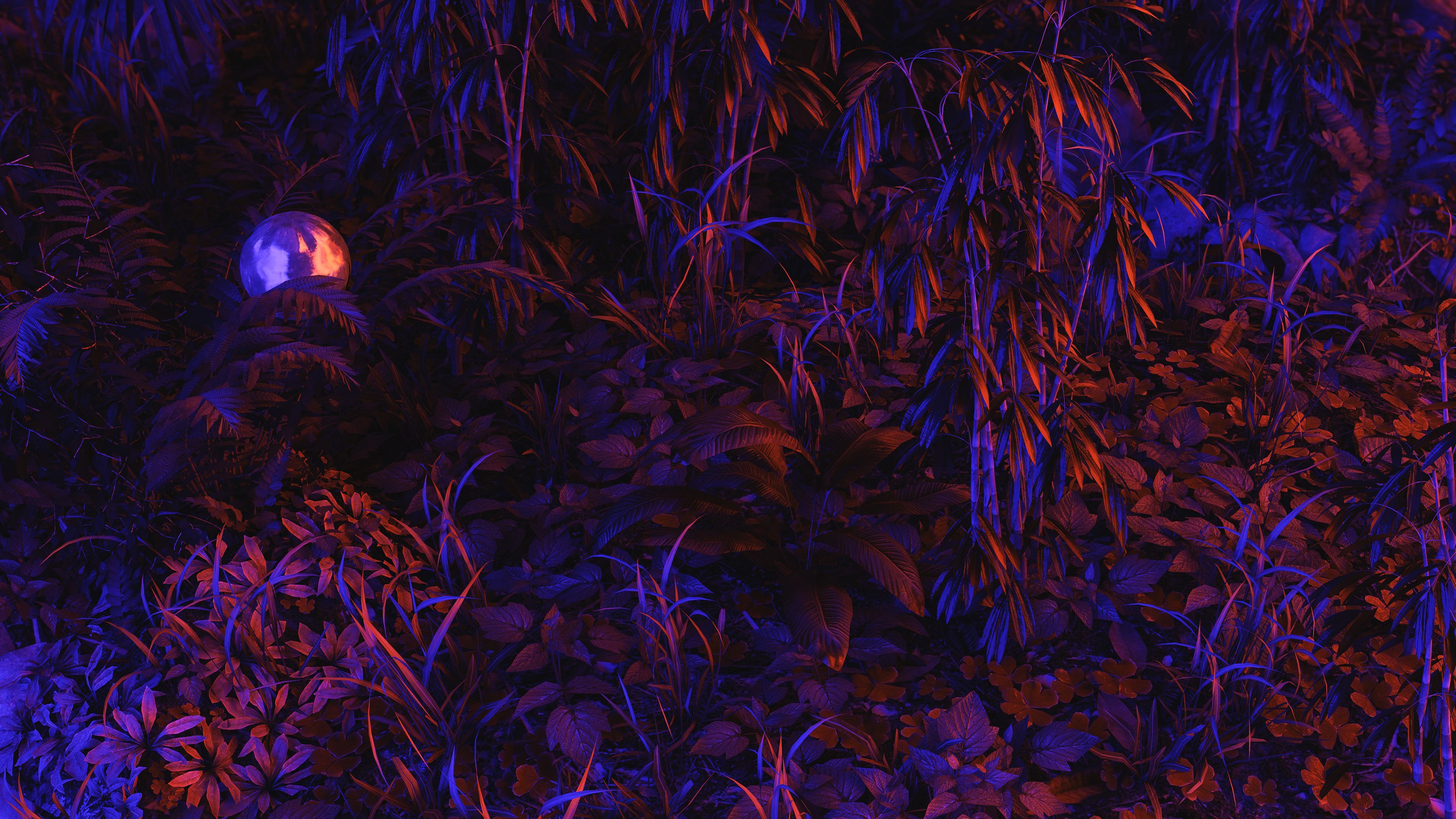 3840x2160 CGI, digital art, jungle, plants, ball, neon, grass, fernsx2160 Wallpaper