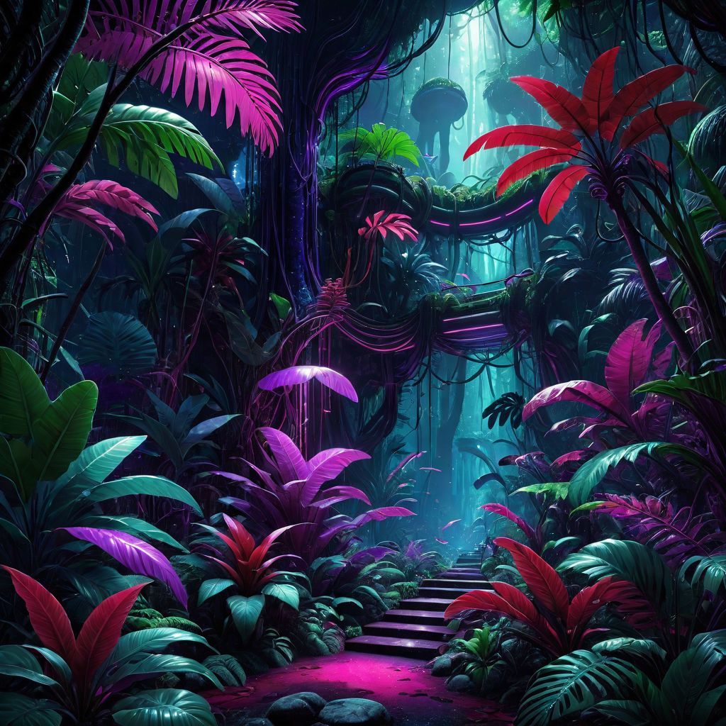 1024x1024 dark neon coloured rainforest