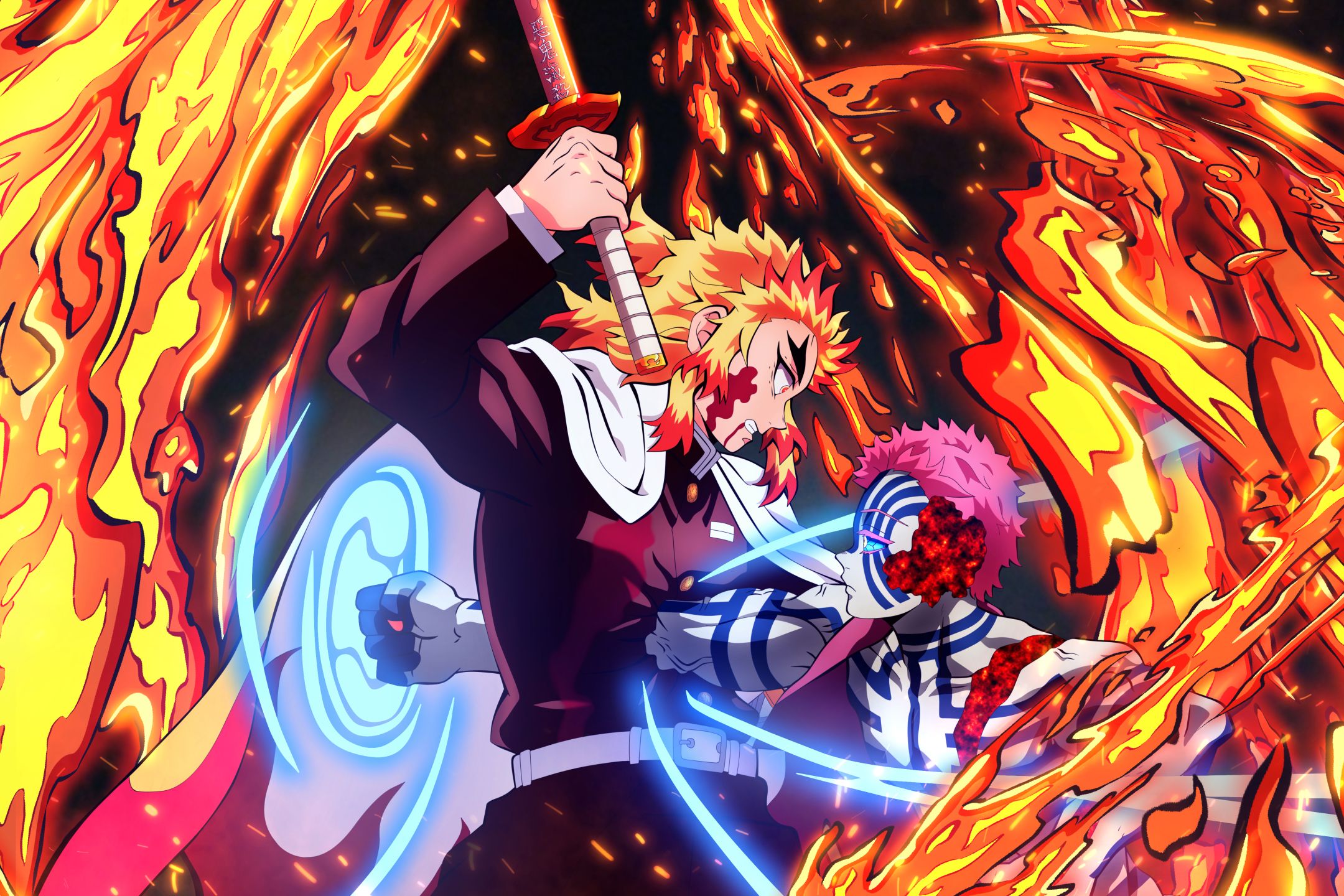 2160x1440 Mobile wallpaper: Anime, Demon Slayer: Kimetsu No Yaiba, Akaza (Demon Slayer: Kimetsu No Yaiba), Kyojuro Rengoku, 1408195 download the picture for free