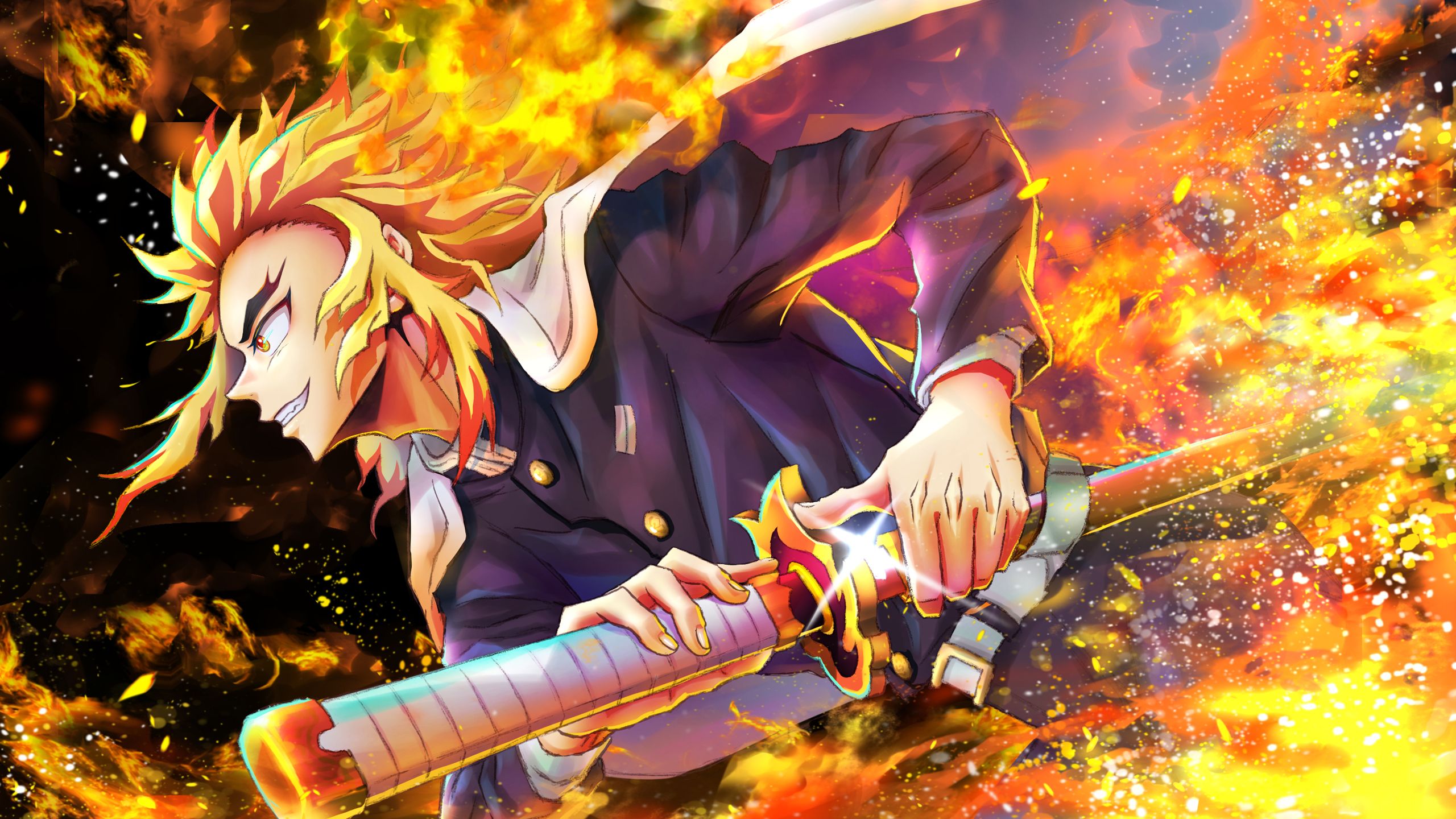 2560x1440 Kyojuro Rengoku With Sword HD Demon Slayer Kimetsu no Yaiba Wallpaper