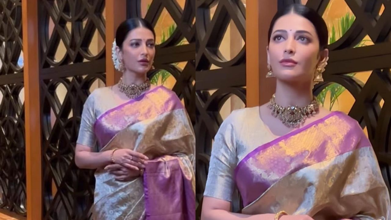 1280x720 Divine! Shruti Haasan ditches 'Goth' slips in lavender gold Banarasi saree [ Photo]
