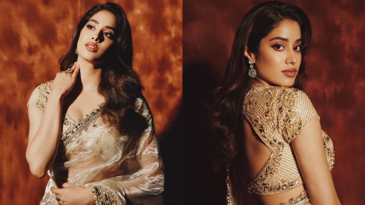 1280x720 Janhvi Kapoor masters glow in handwoven tissue gold saree [Photos]
