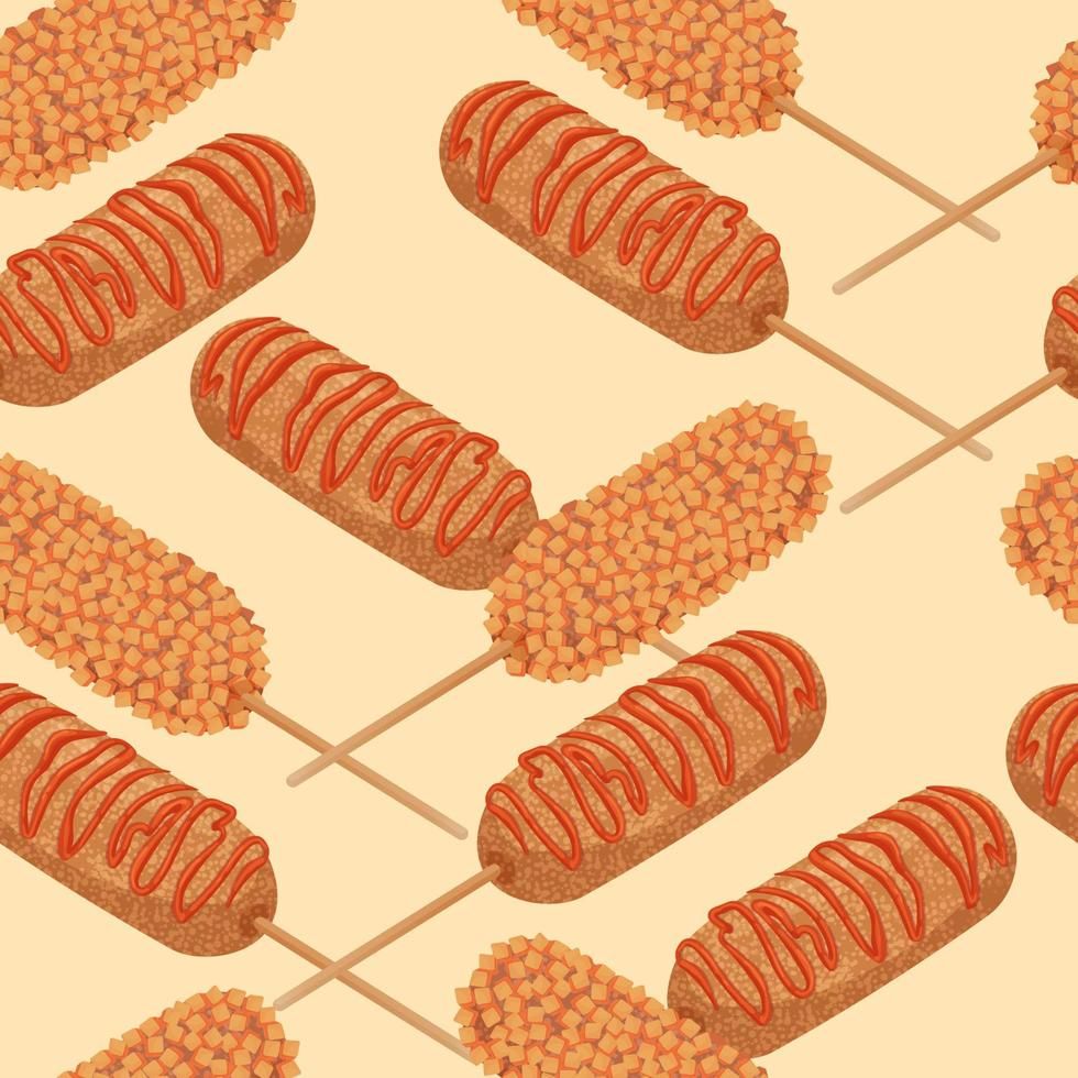 980x980 Korean street food corndog with ketchup seamless pattern. Cartoon style hot dogs with sausage, fried in breadcrum. Corn dogs, Hot dogs, Korean street food