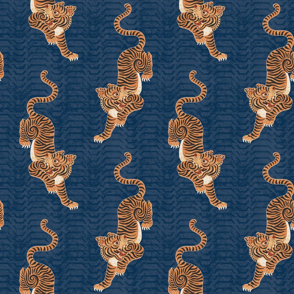 1000x1000 Tibetan Tiger Luxury Patterned Wallpaper Blue (10.5m Length)