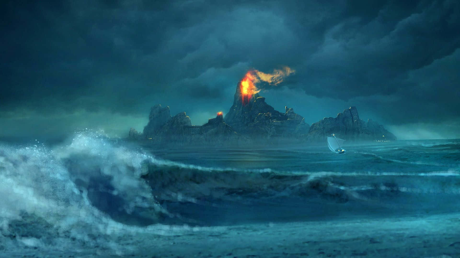 1920x1080 Download Mysterious Dark Island under a Stormy Sky Wallpaper