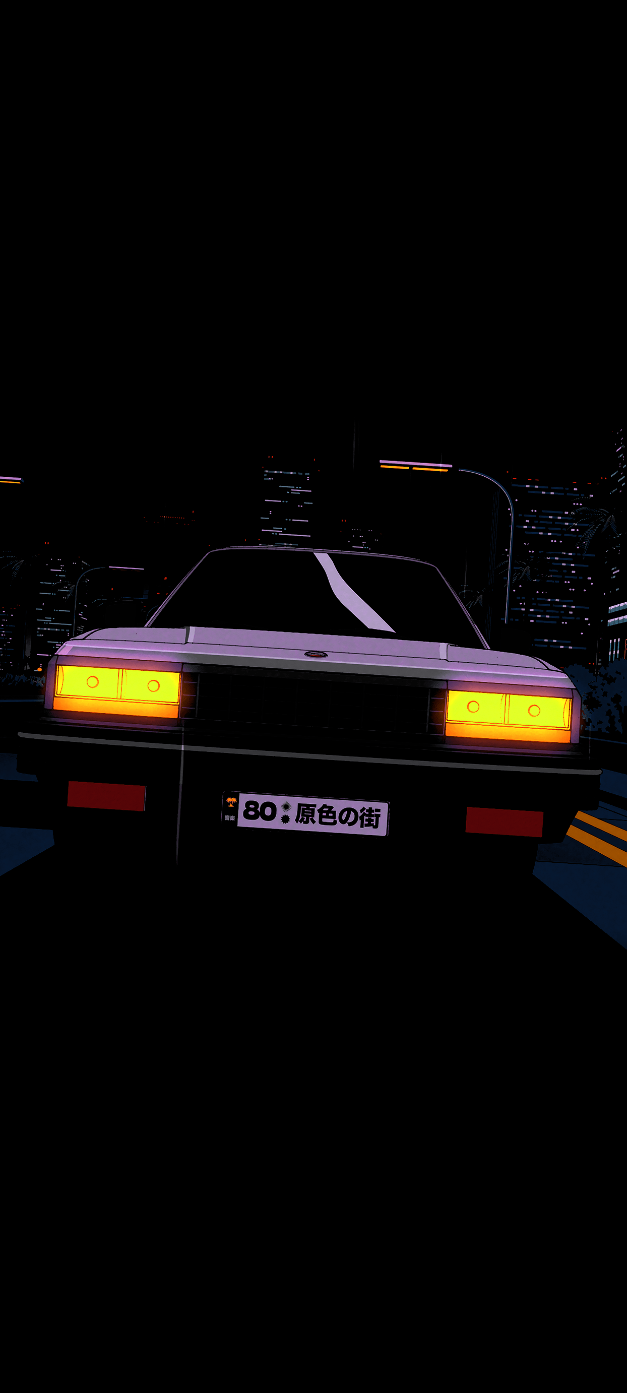 1244x2764 Black OLED iPhone Wallpaper: Asian Street Retro Futuristic Style