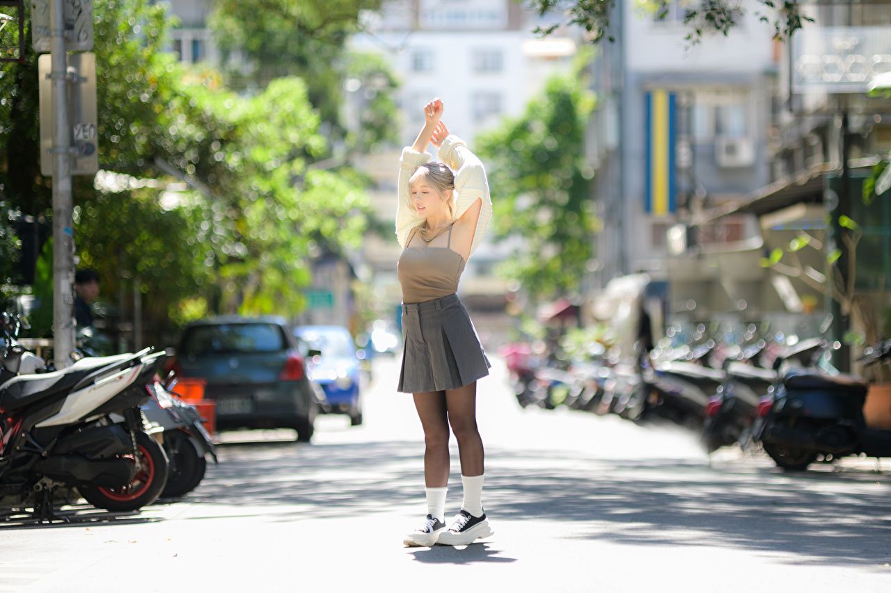 1280x853 Wallpaper Skirt Pantyhose Bokeh posing sneakers young woman Asian