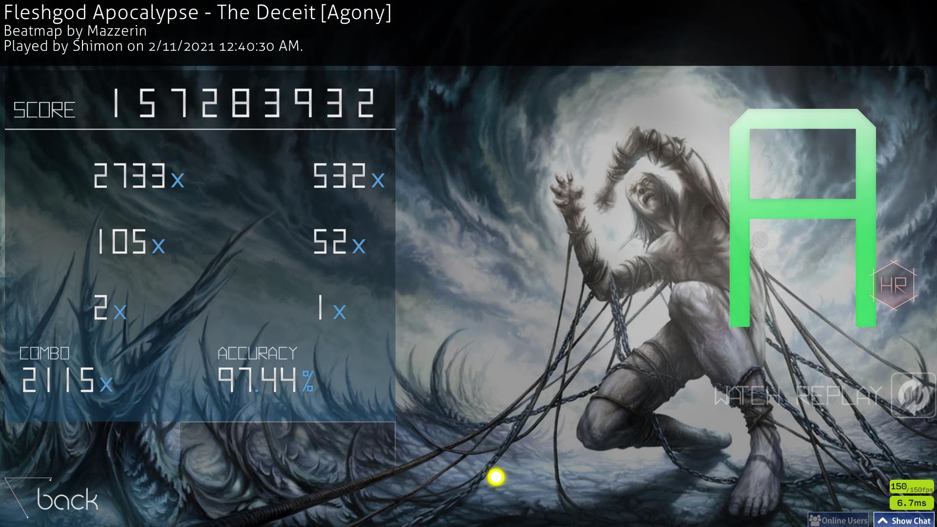 1920x1080 Shimon. Fleshgod Apocalypse Deceit [Agony] + HR (8.00*) 97.44% 1xMiss pp ( 763 pp if FC).65 URnd best (HD)HR acc, on (HD)HR leaderboards