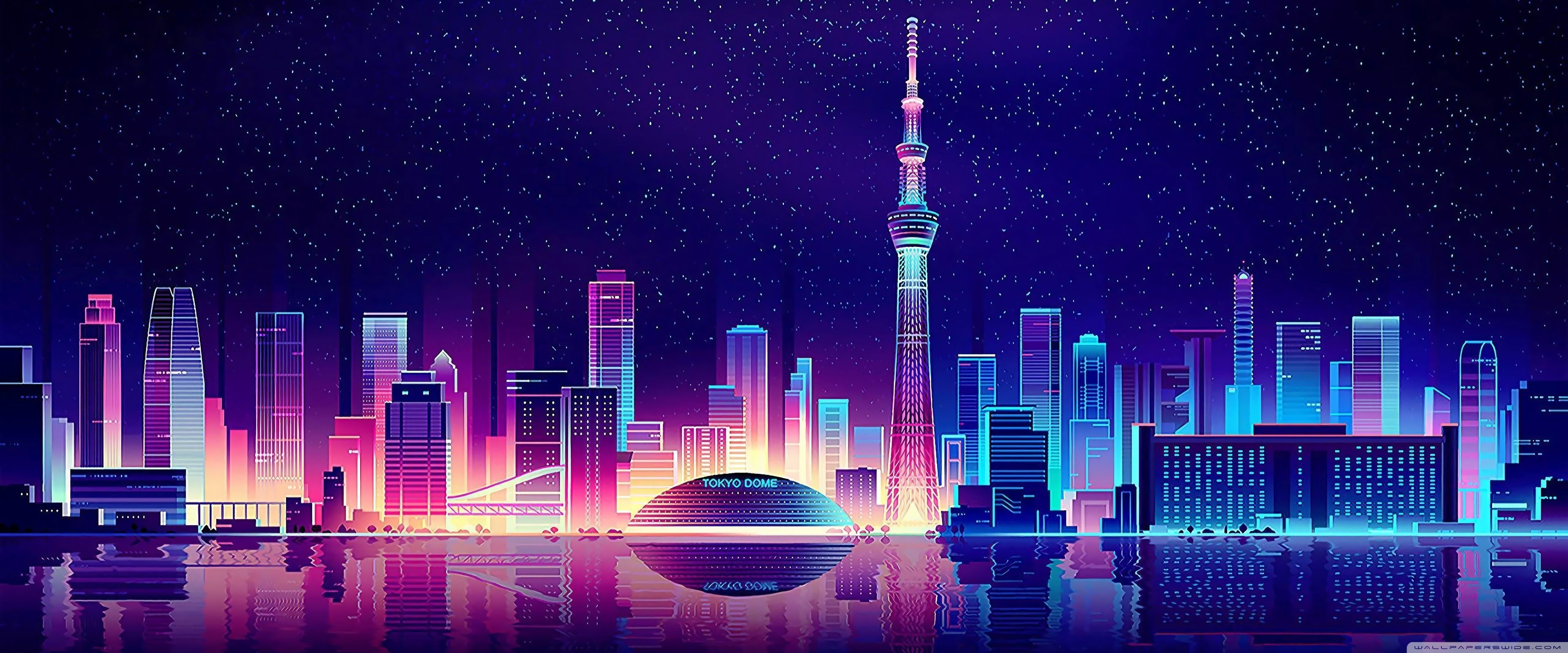 Night City wallpaper from E3 2019 trailer, extended to 3440x1440