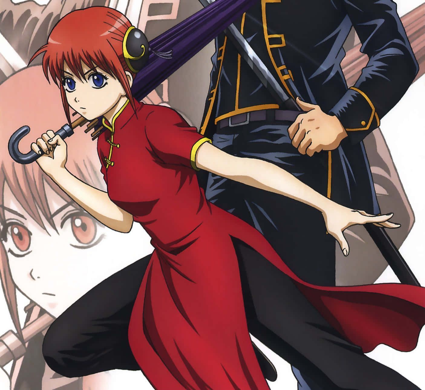 1405x1290 Download kagura- Gintama, In A Fierce Pose Against A Moonlit Sky Wallpaper