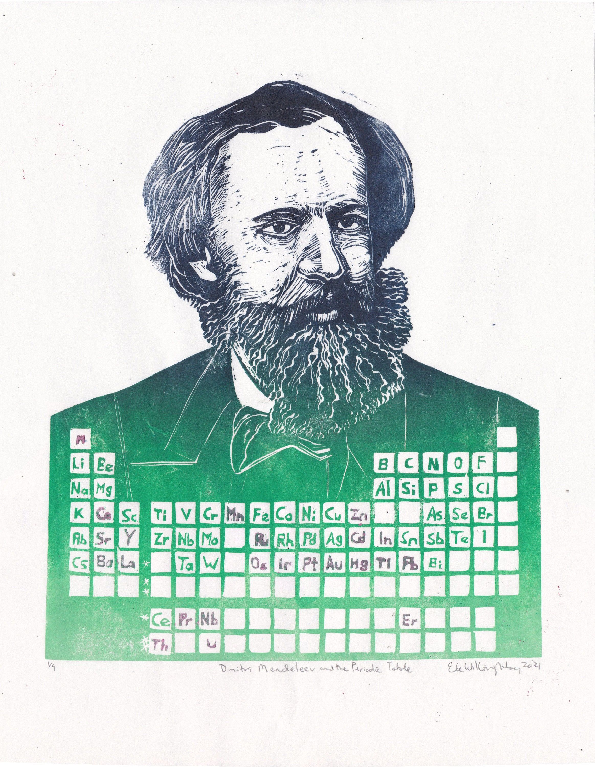 2327x3000 Lino Block Print Portrait of Chemist Dmitri Mendeleev