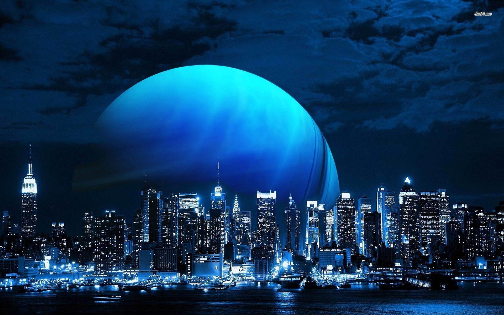 1920x1200 Blue planet over the New York City skyline wallpaper