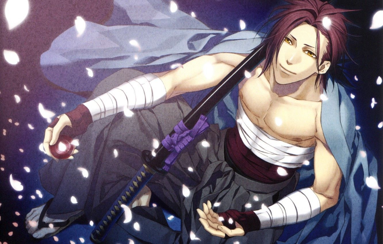 1332x850 Wallpaper katana, samurai, Cup, bandages, looking up, cherry blossoms, Hakuouki Shinsengumi Kitano, Harada Sanosuke, shinsengumi, The legend of the Demons pale pink blossoms, by Yone Kazuki image for desktop, section сёнэн