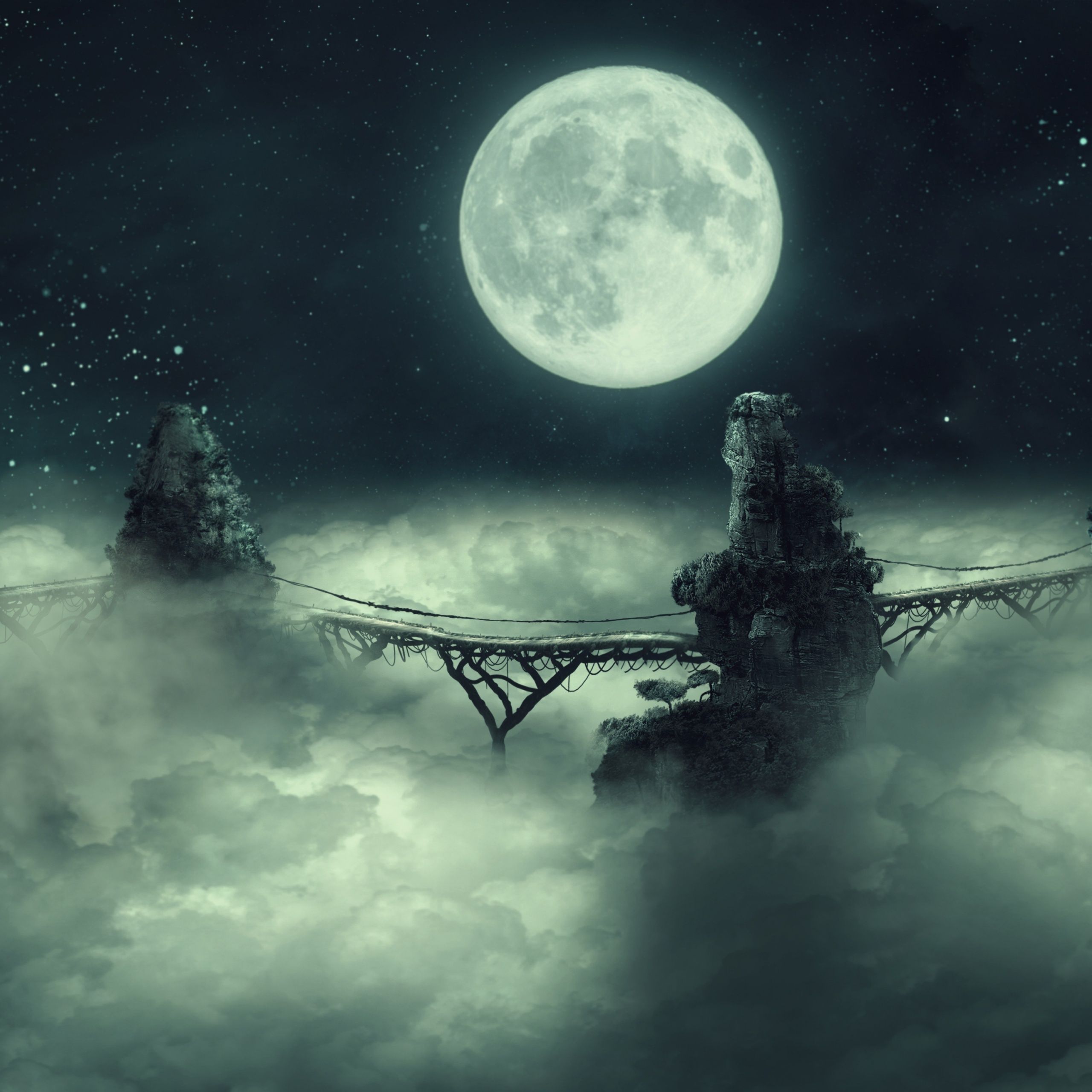 2560x2560 Full moon Wallpaper 4K, Dark Sky, Clouds, Bridge