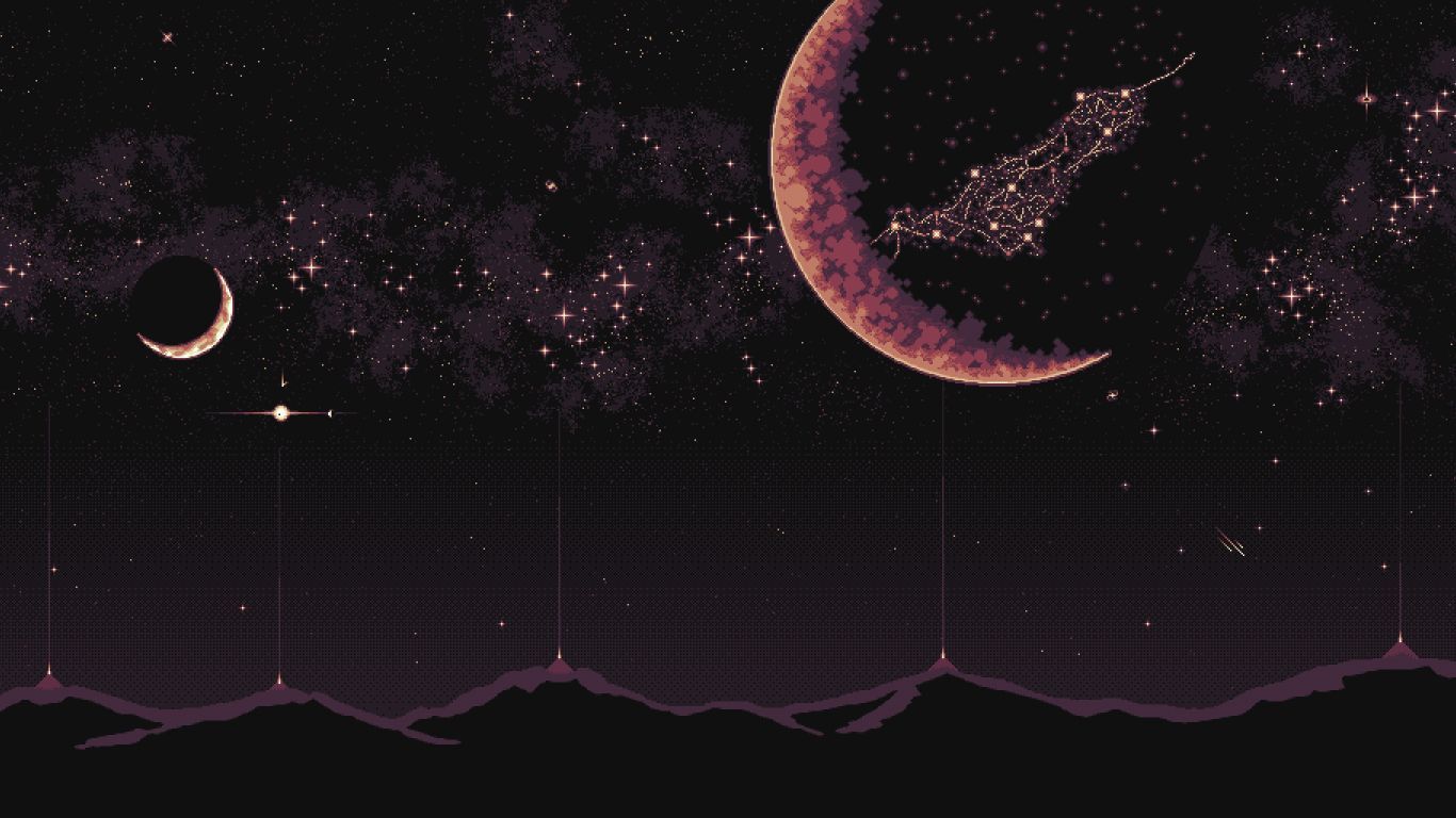 1366x768 Pixel art dark sky planets fantasy silhouette art wall